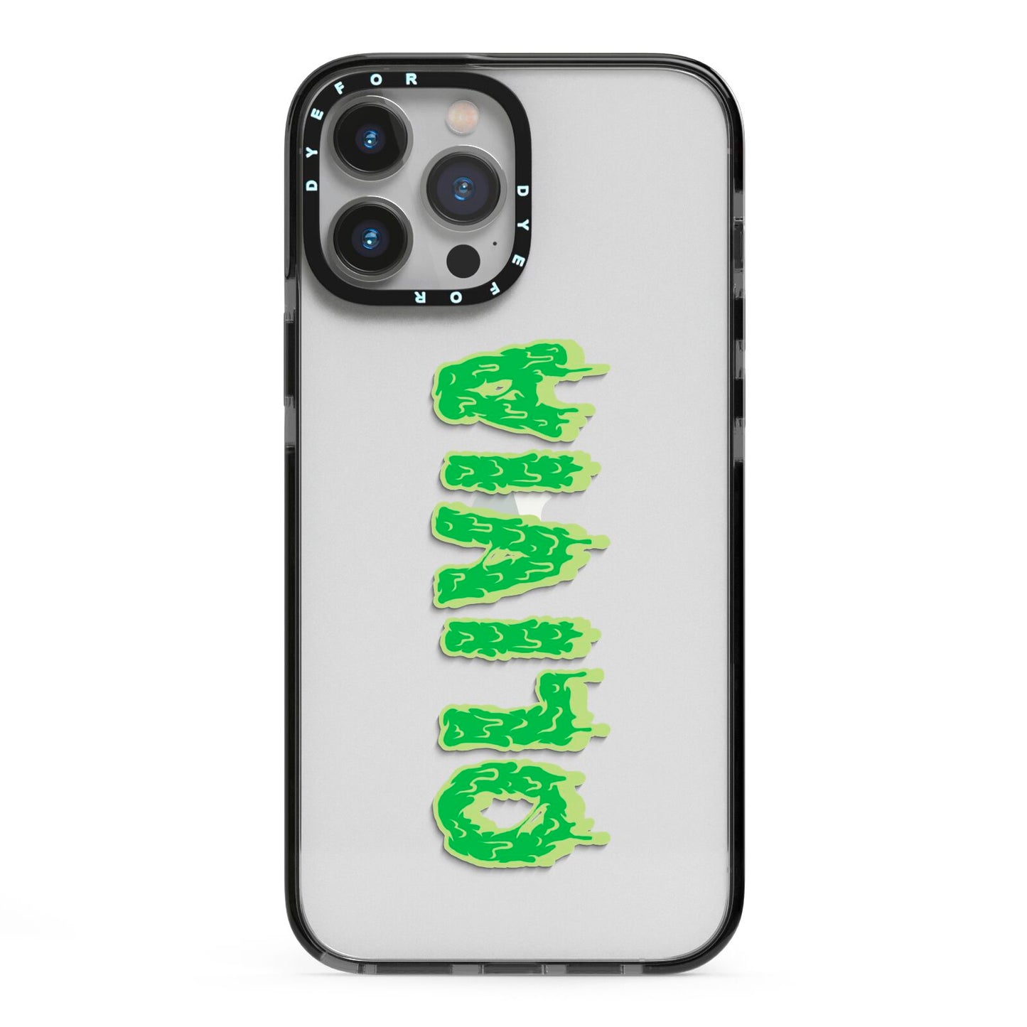 Personalised Green Halloween Slime Text iPhone 13 Pro Max Black Impact Case on Silver phone