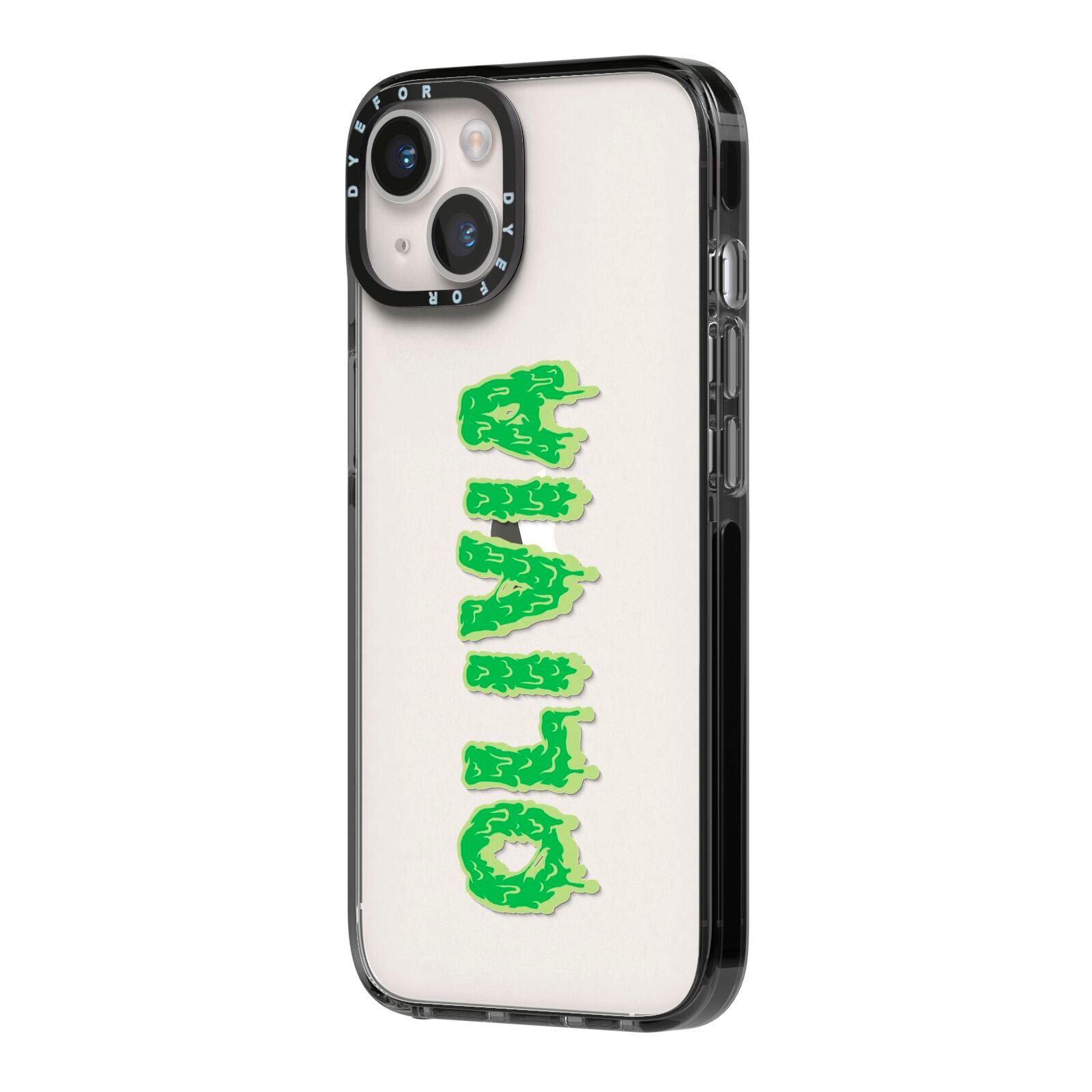 Personalised Green Halloween Slime Text iPhone 14 Black Impact Case Side Angle on Silver phone