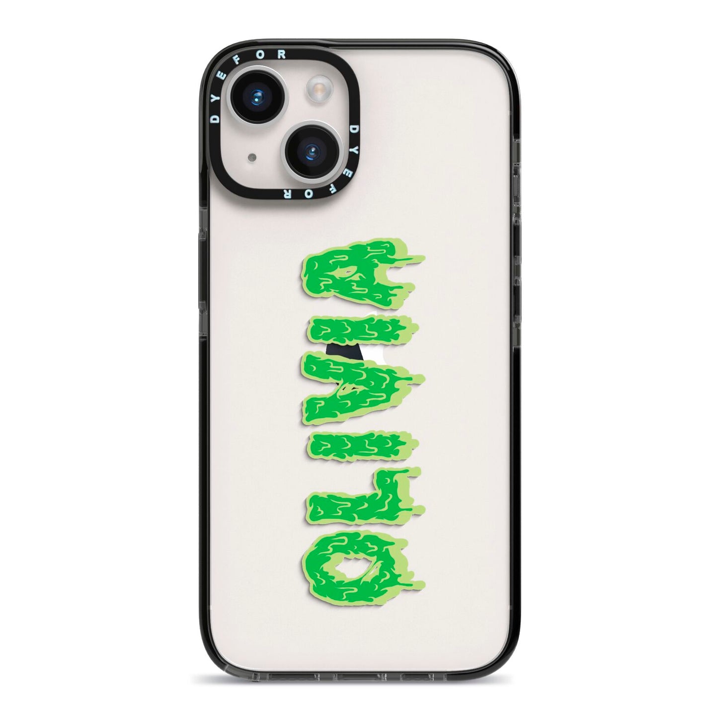 Personalised Green Halloween Slime Text iPhone 14 Black Impact Case on Silver phone