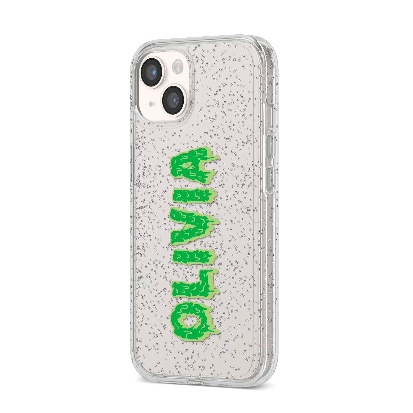 Personalised Green Halloween Slime Text iPhone 14 Glitter Tough Case Starlight Angled Image