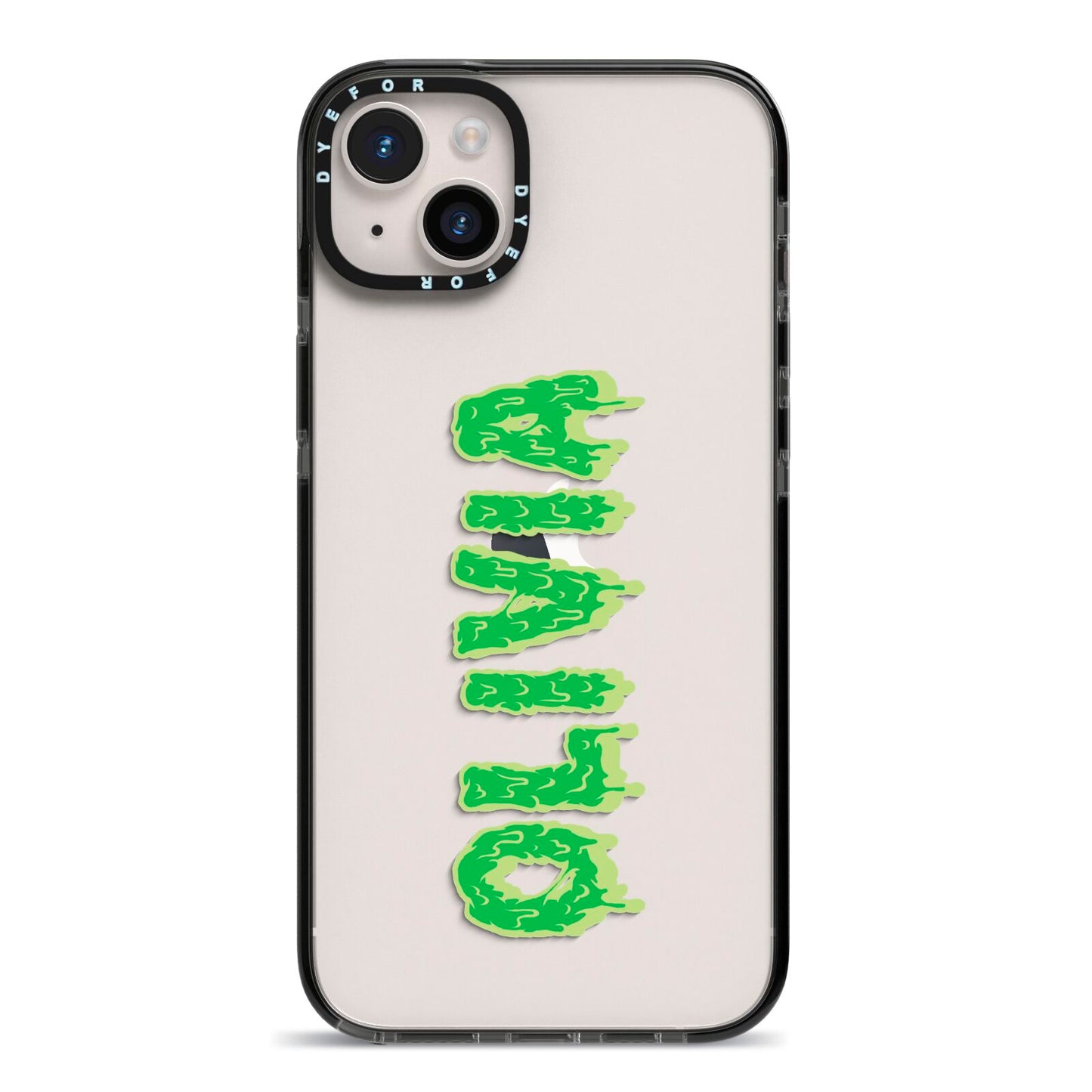 Personalised Green Halloween Slime Text iPhone 14 Plus Black Impact Case on Silver phone