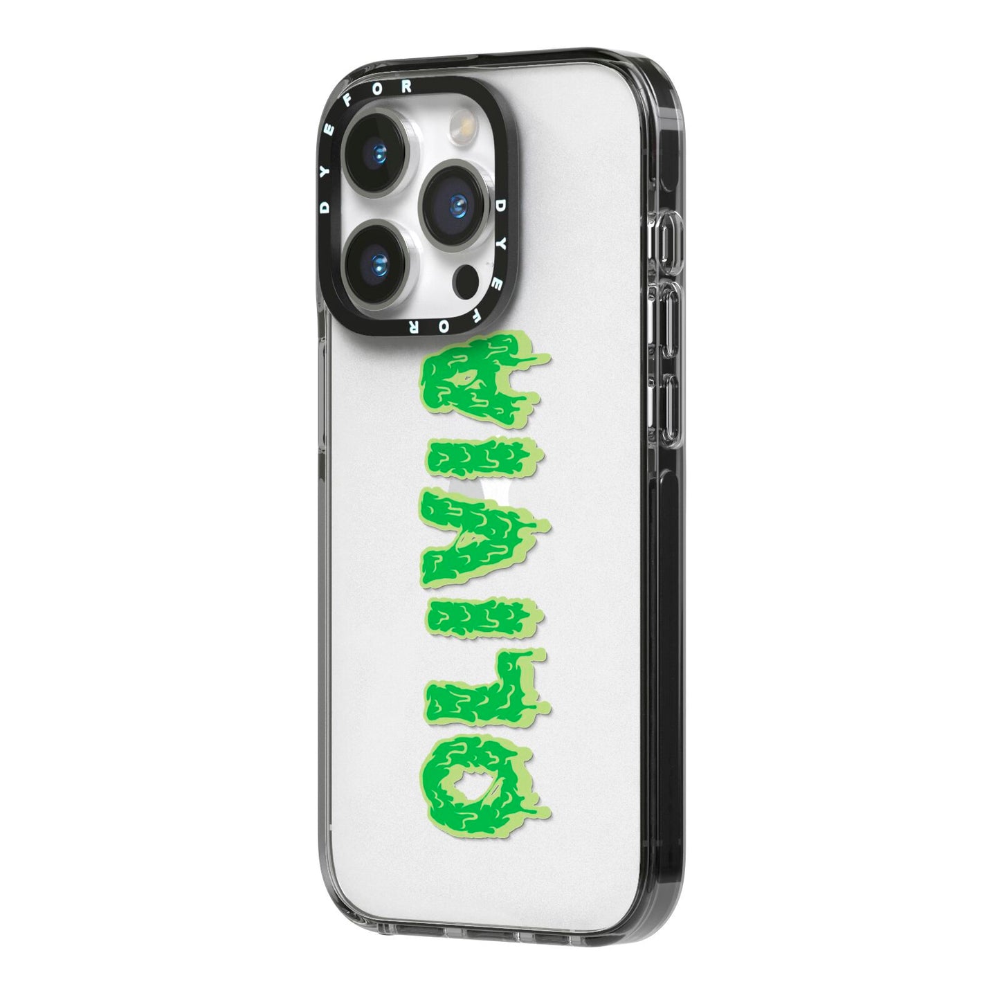 Personalised Green Halloween Slime Text iPhone 14 Pro Black Impact Case Side Angle on Silver phone