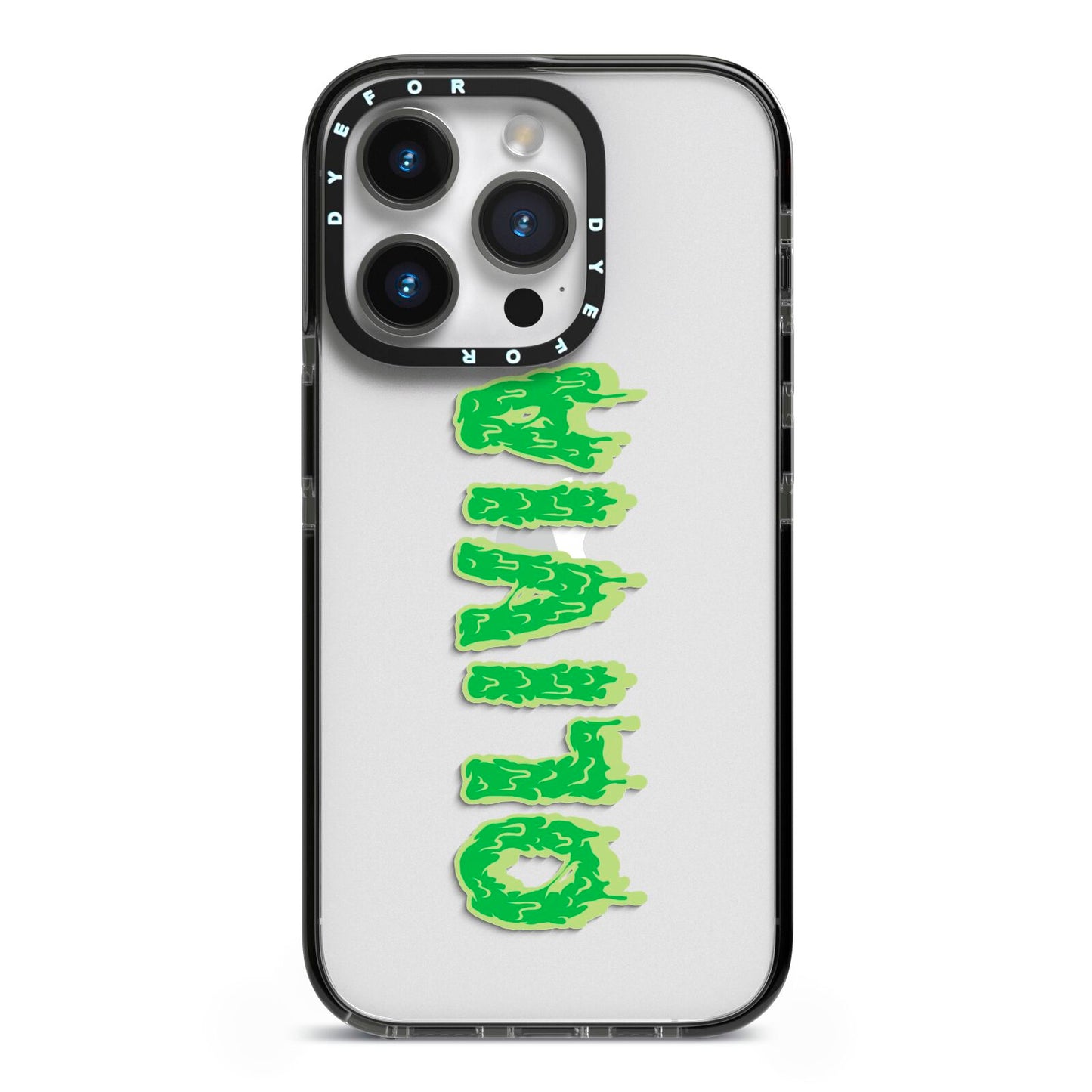 Personalised Green Halloween Slime Text iPhone 14 Pro Black Impact Case on Silver phone