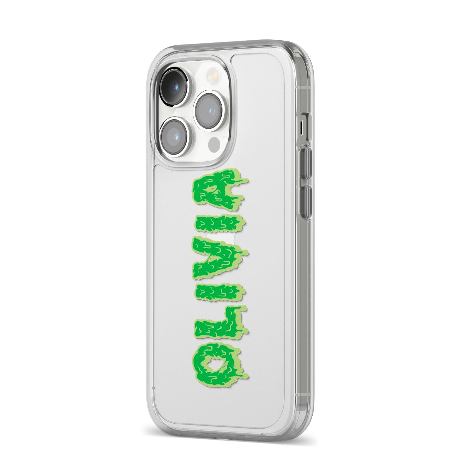 Personalised Green Halloween Slime Text iPhone 14 Pro Clear Tough Case Silver Angled Image