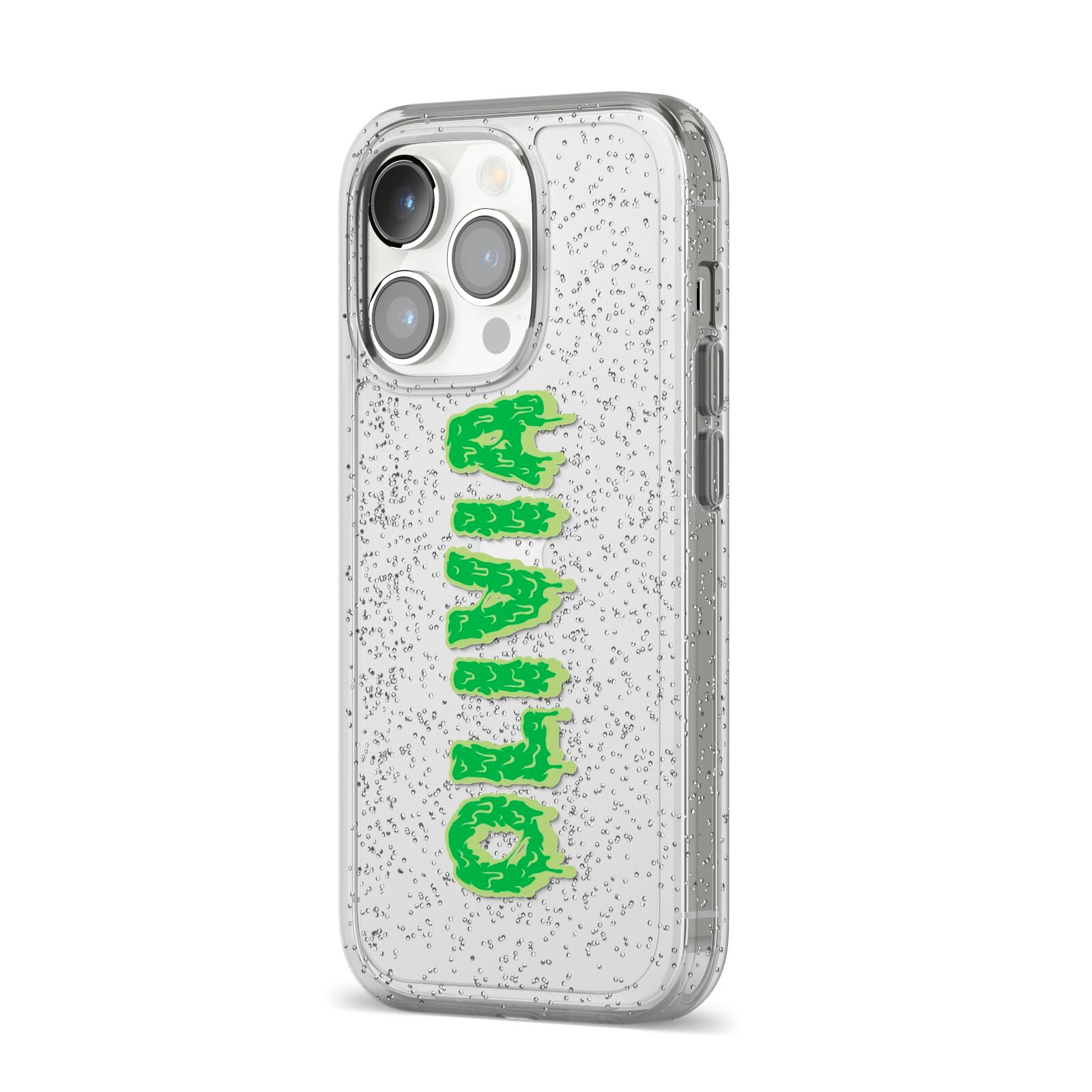 Personalised Green Halloween Slime Text iPhone 14 Pro Glitter Tough Case Silver Angled Image