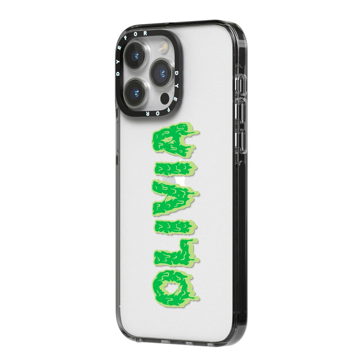 Personalised Green Halloween Slime Text iPhone 14 Pro Max Black Impact Case Side Angle on Silver phone