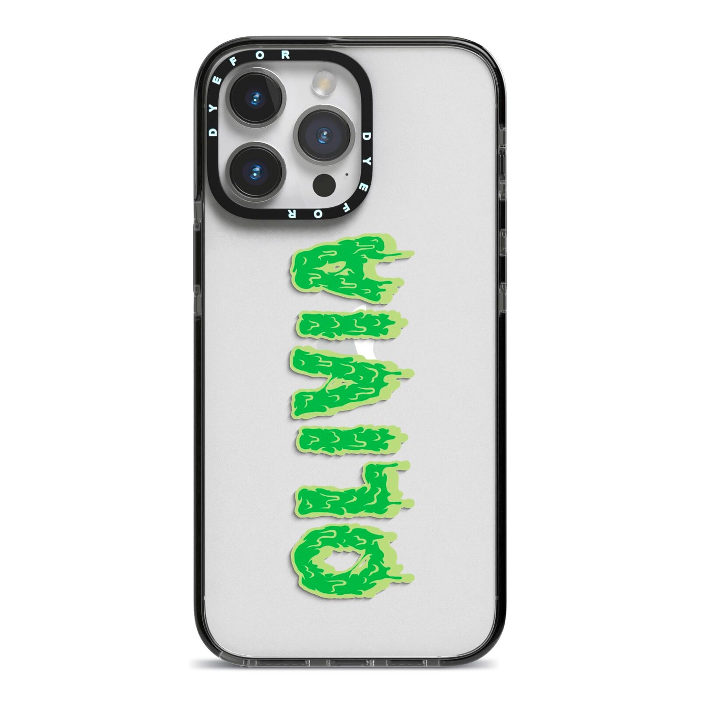 Personalised Green Halloween Slime Text iPhone 14 Pro Max Black Impact Case on Silver phone