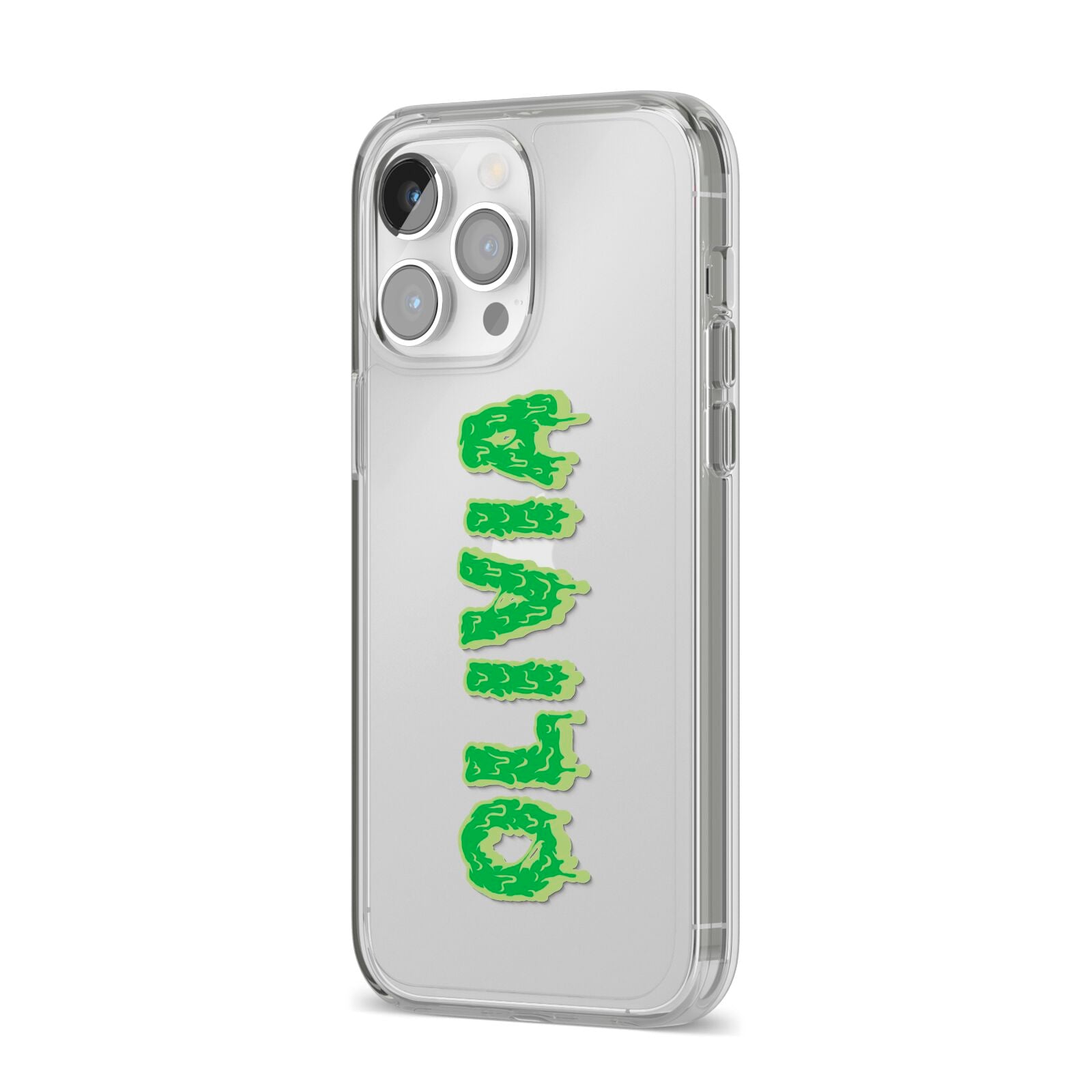 Personalised Green Halloween Slime Text iPhone 14 Pro Max Clear Tough Case Silver Angled Image