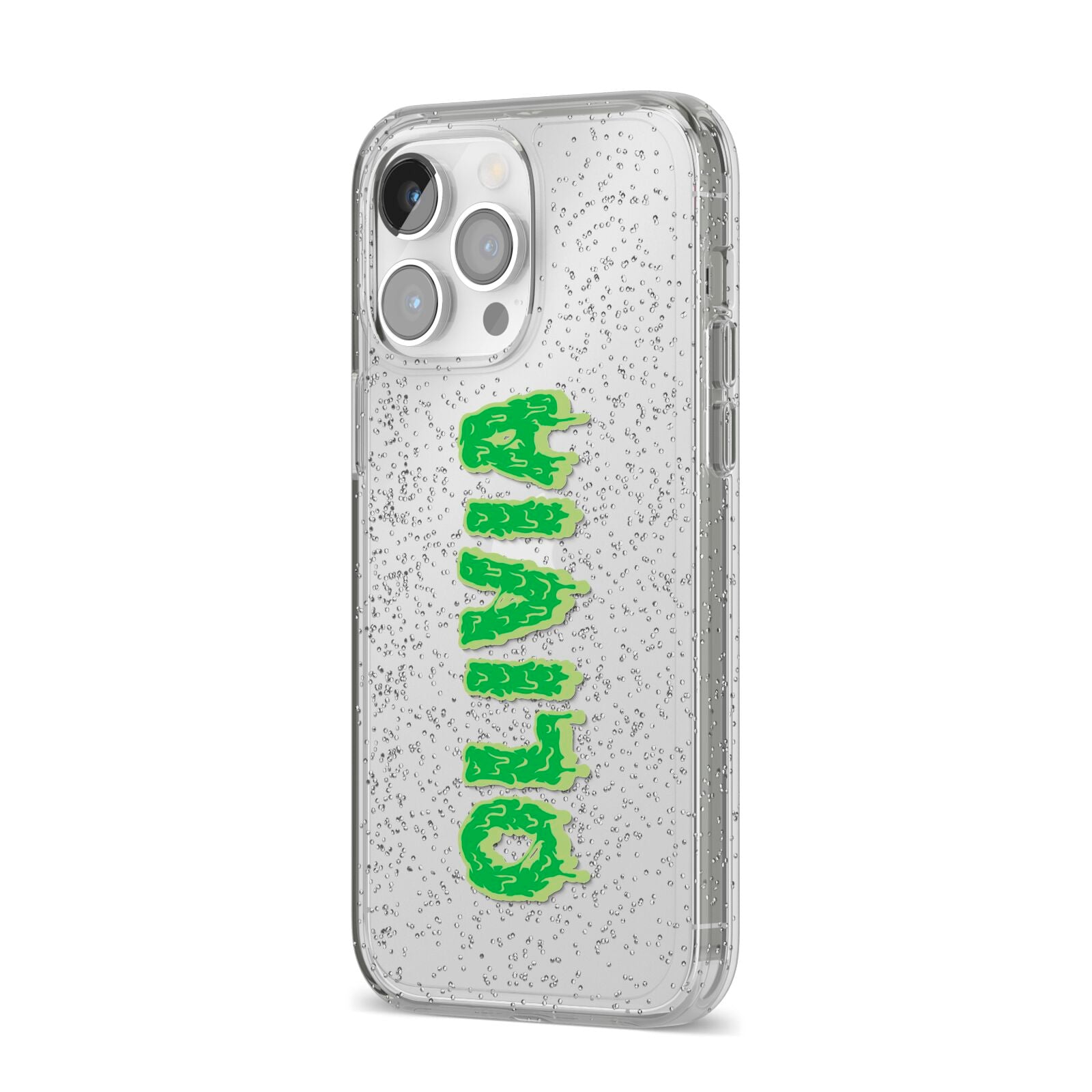 Personalised Green Halloween Slime Text iPhone 14 Pro Max Glitter Tough Case Silver Angled Image