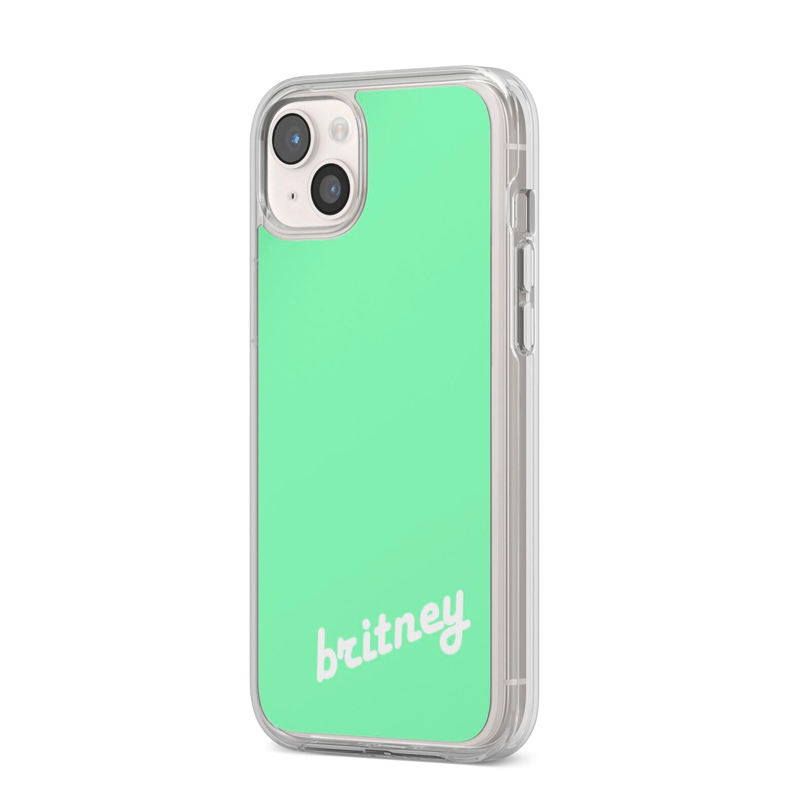 Personalised Green Name iPhone 14 Plus Clear Tough Case Starlight Angled Image