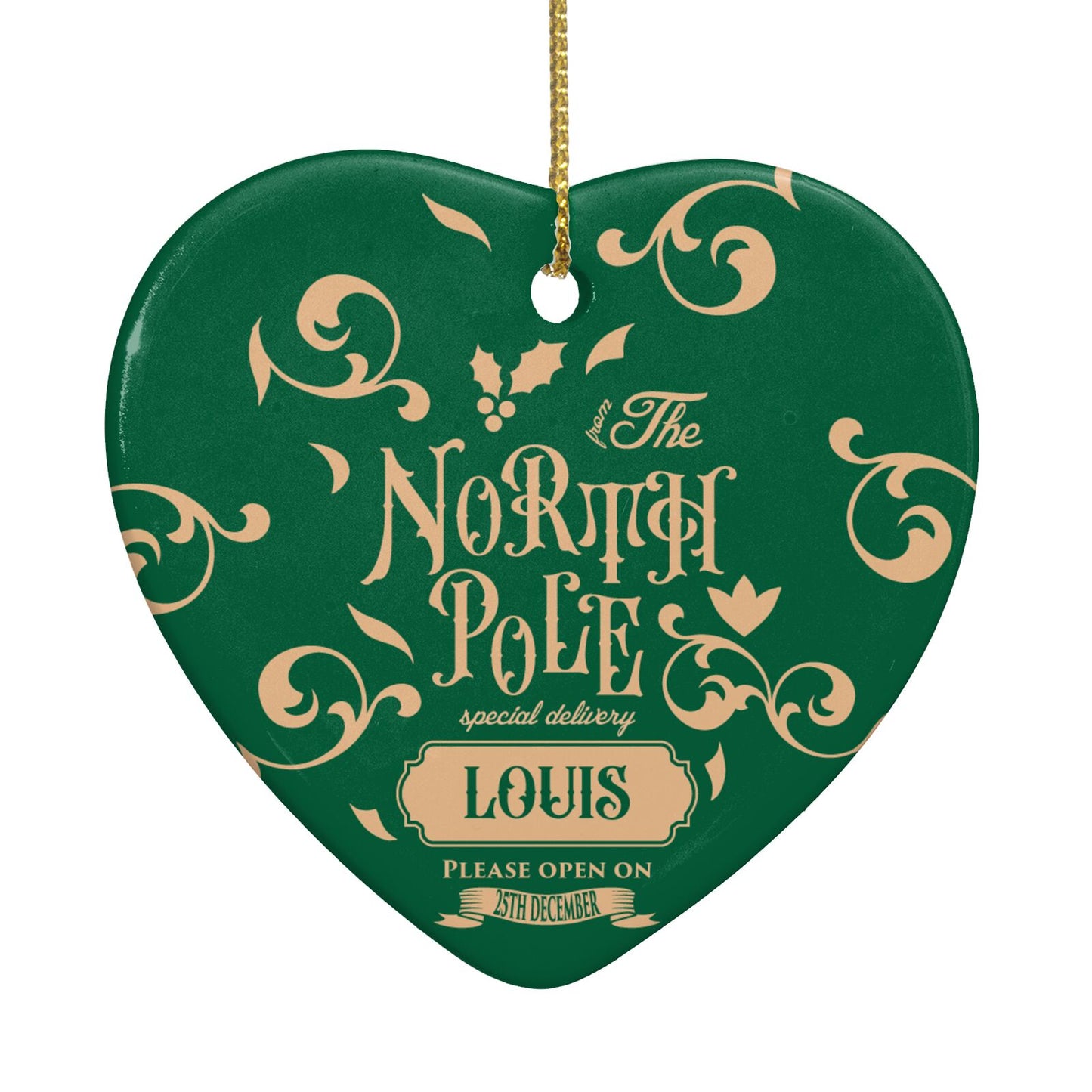Personalised Green North Pole Heart Decoration Back Image