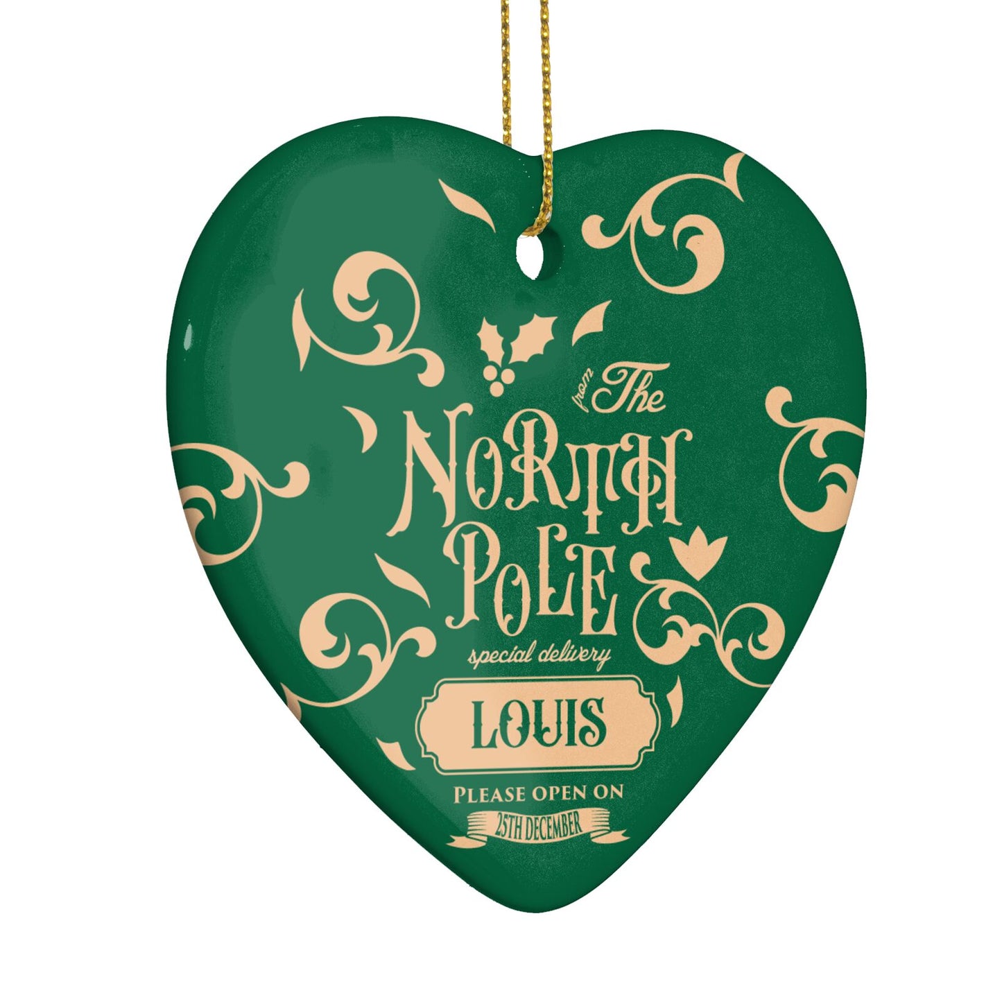 Personalised Green North Pole Heart Decoration Side Angle
