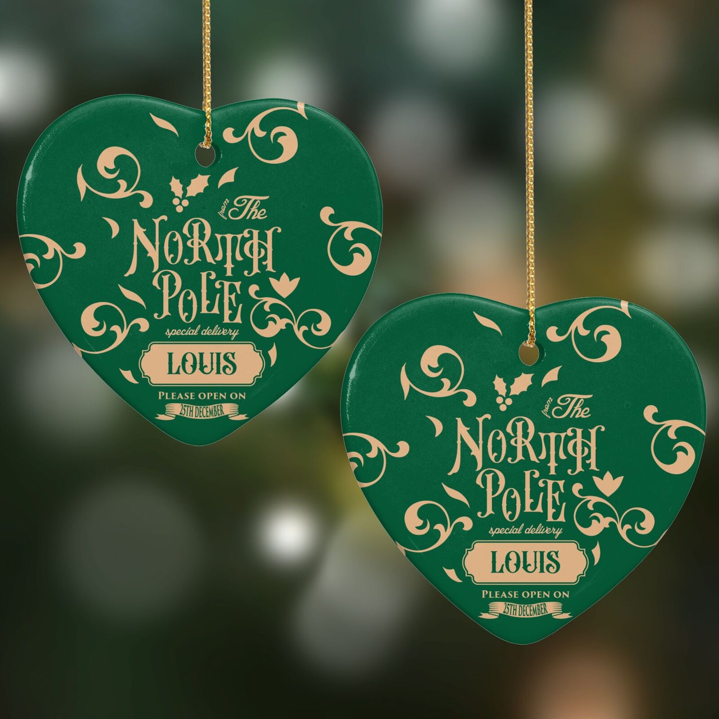 Personalised Green North Pole Heart Decoration on Christmas Background