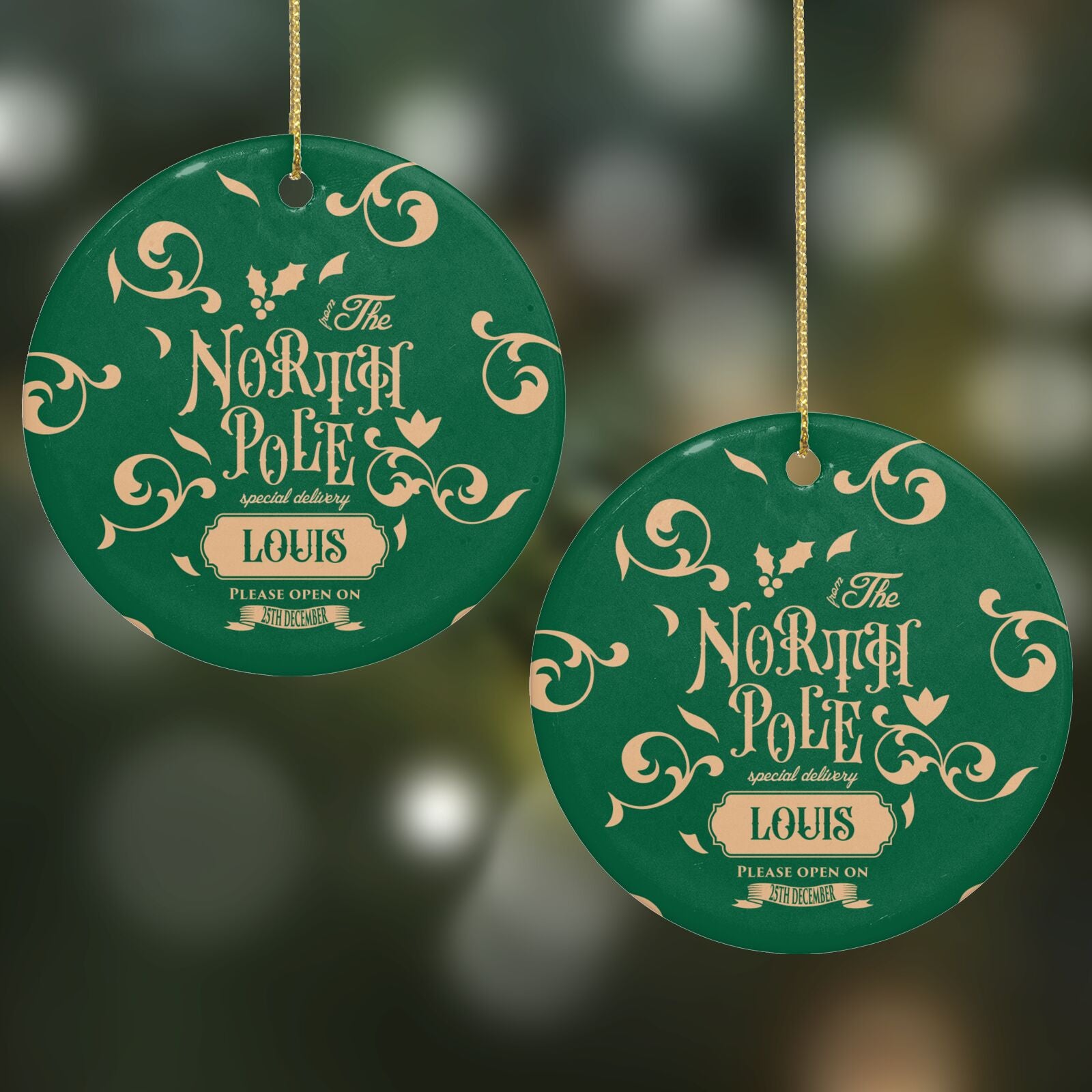 Personalised Green North Pole Round Decoration on Christmas Background