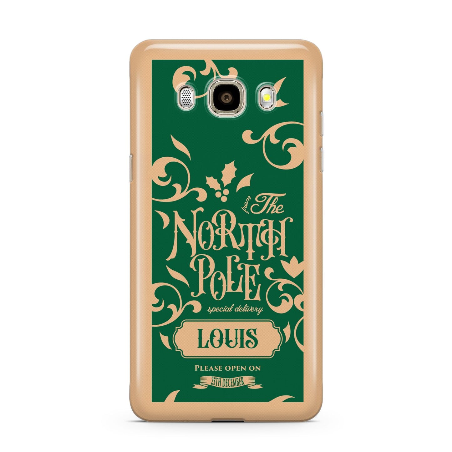 Personalised Green North Pole Samsung Galaxy J7 2016 Case on gold phone