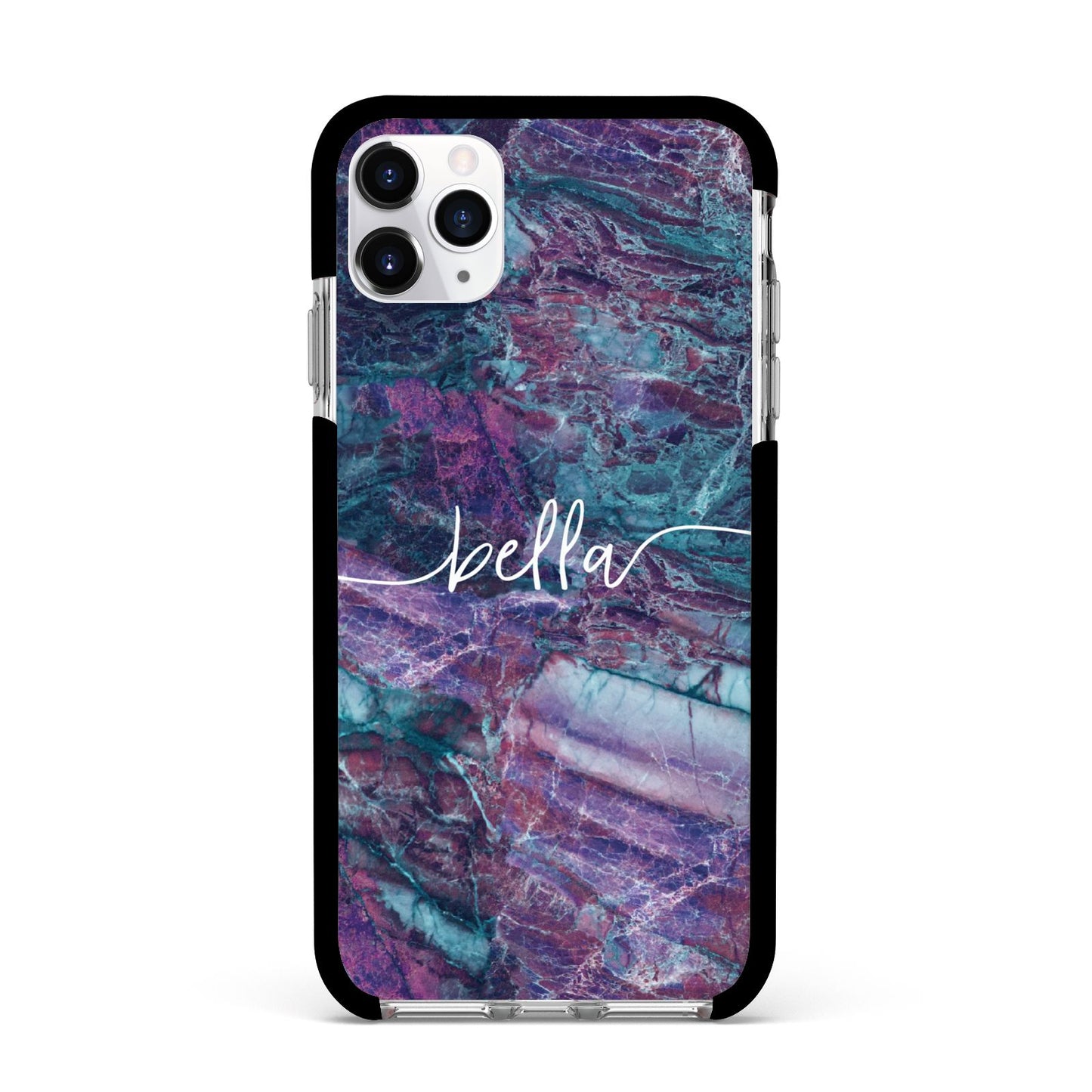 Personalised Green Purple Marble Name Apple iPhone 11 Pro Max in Silver with Black Impact Case