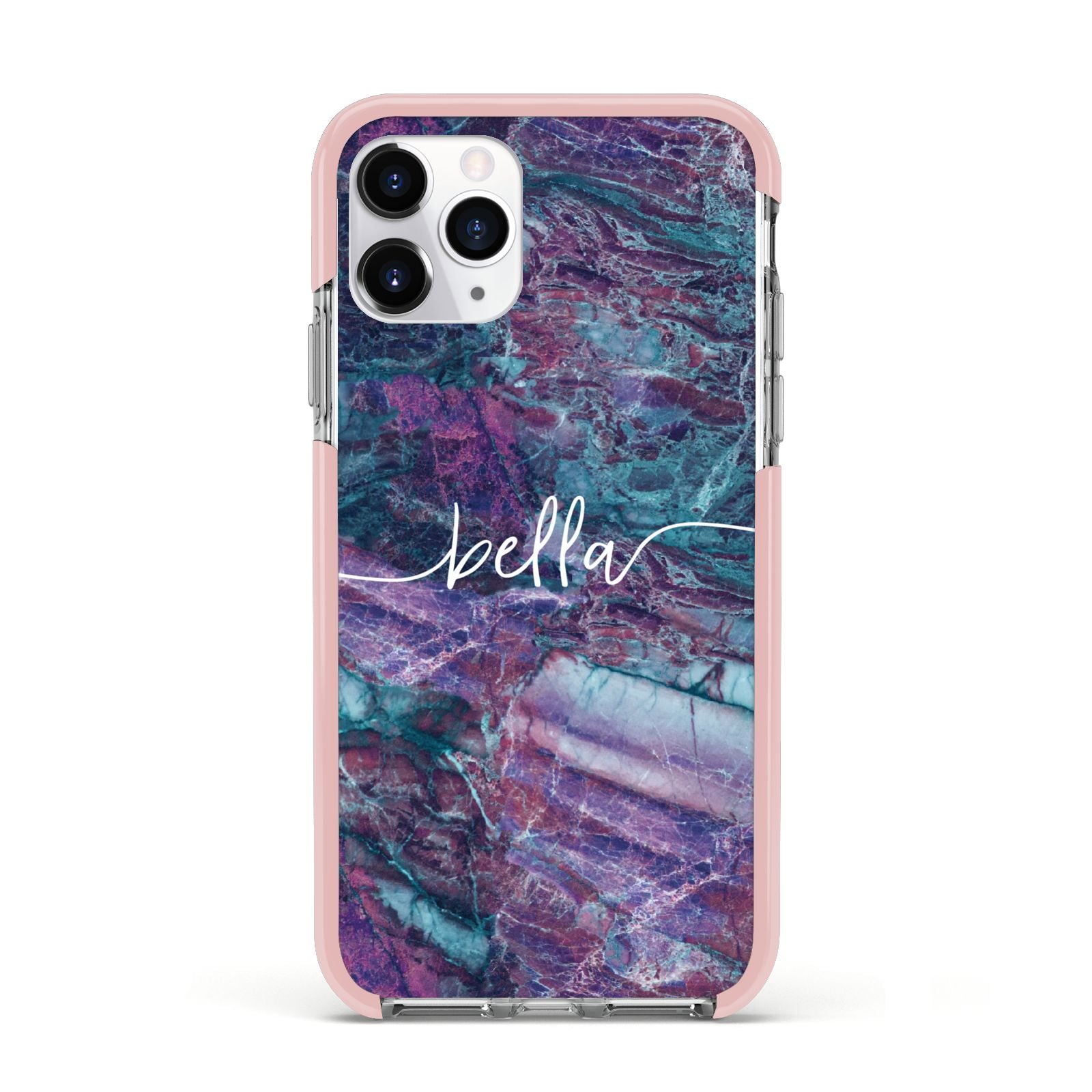 Personalised Green Purple Marble Name Apple iPhone 11 Pro in Silver with Pink Impact Case