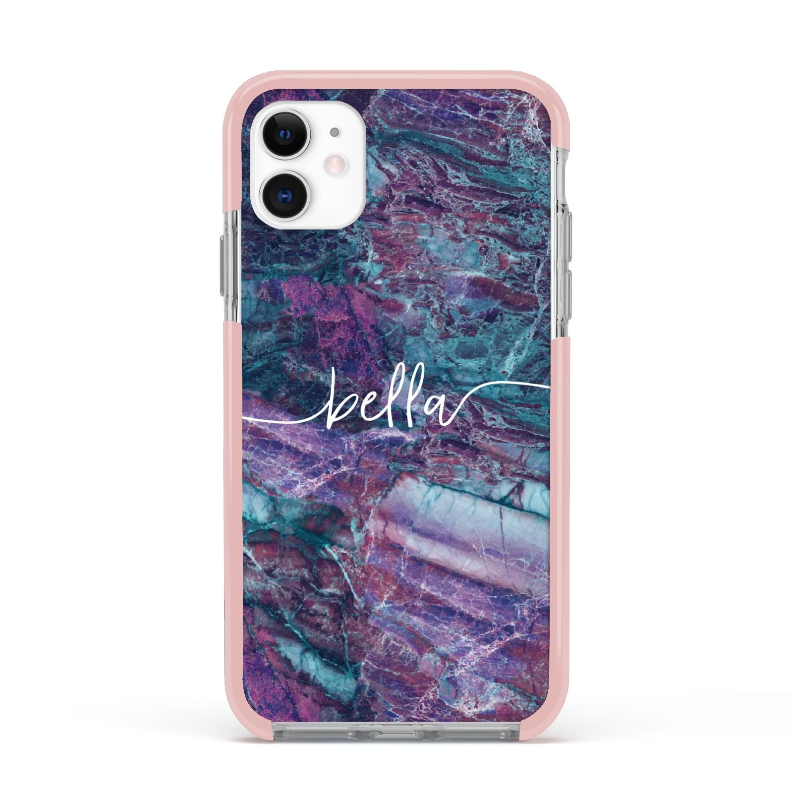 Personalised Green Purple Marble Name Apple iPhone 11 in White with Pink Impact Case