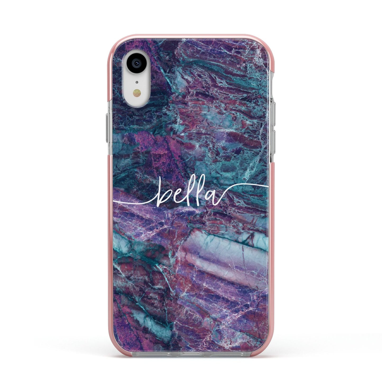 Personalised Green Purple Marble Name Apple iPhone XR Impact Case Pink Edge on Silver Phone