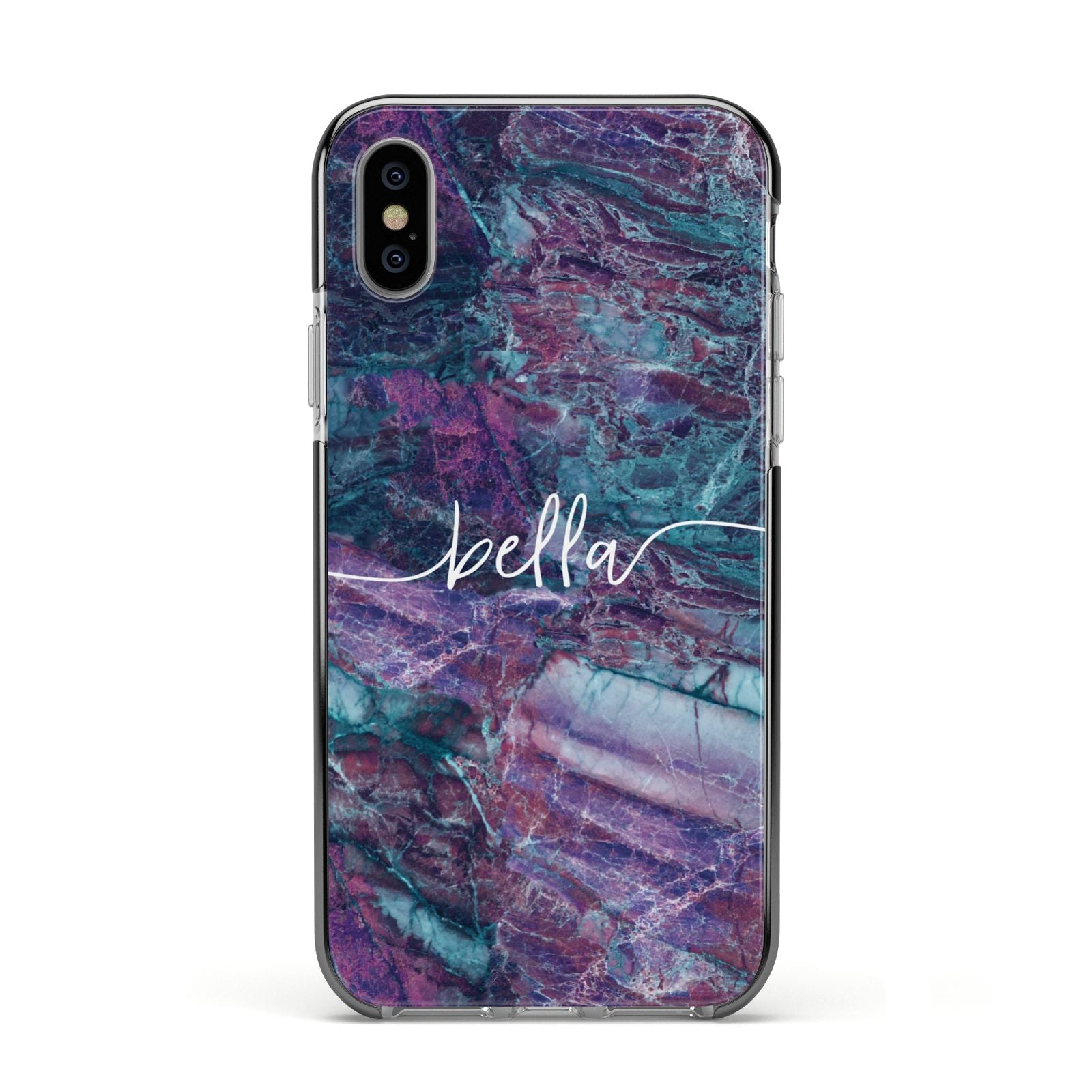 Personalised Green Purple Marble Name Apple iPhone Xs Impact Case Black Edge on Silver Phone