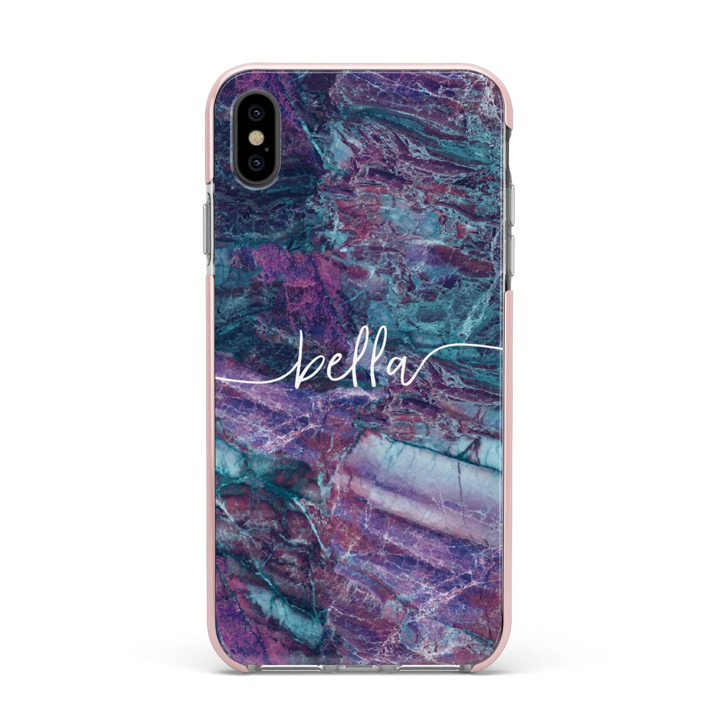 Personalised Green Purple Marble Name Apple iPhone Xs Max Impact Case Pink Edge on Black Phone