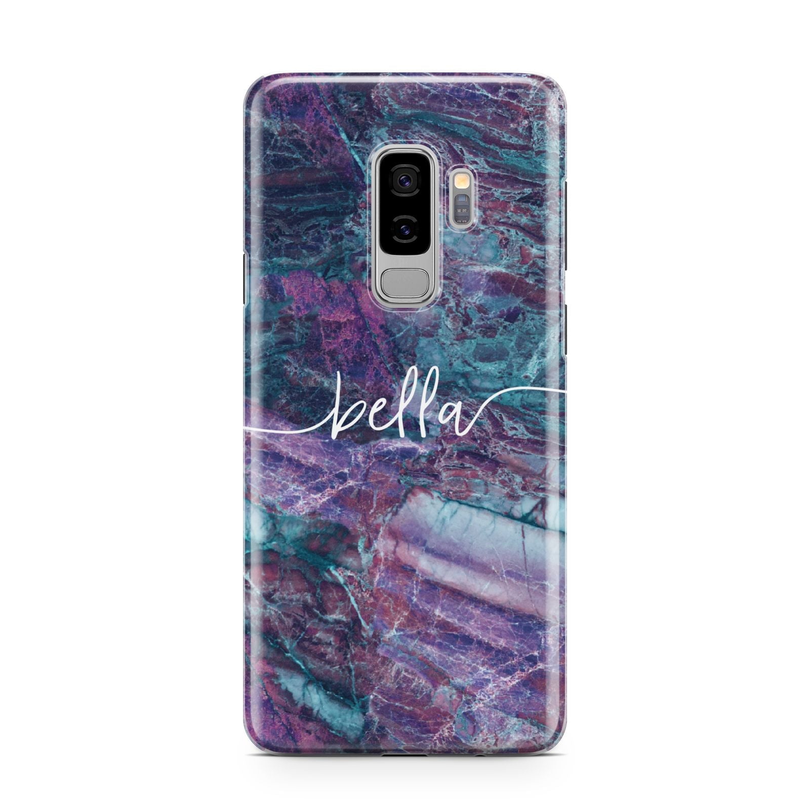 Personalised Green Purple Marble Name Samsung Galaxy S9 Plus Case on Silver phone