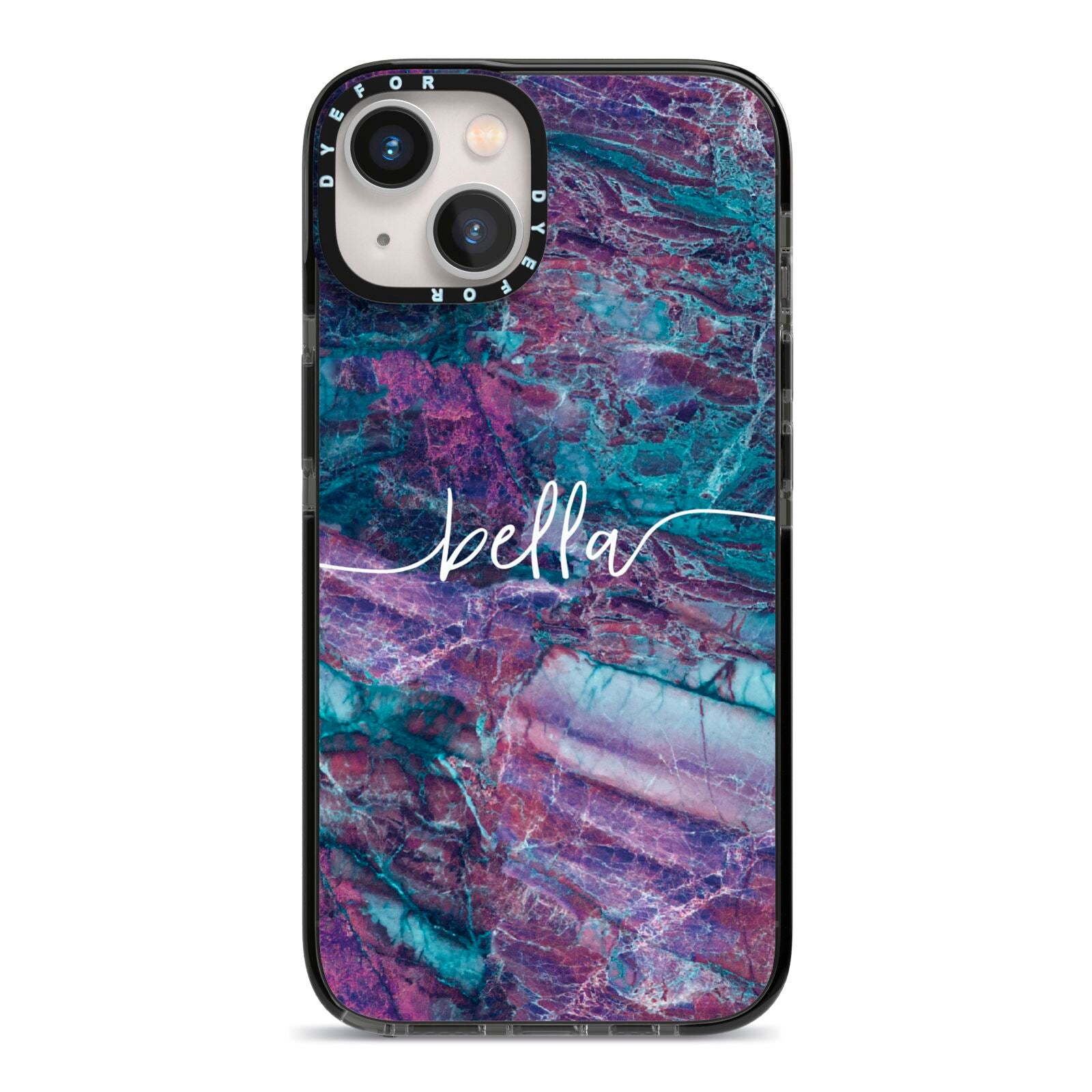 Personalised Green Purple Marble Name iPhone 13 Black Impact Case on Silver phone