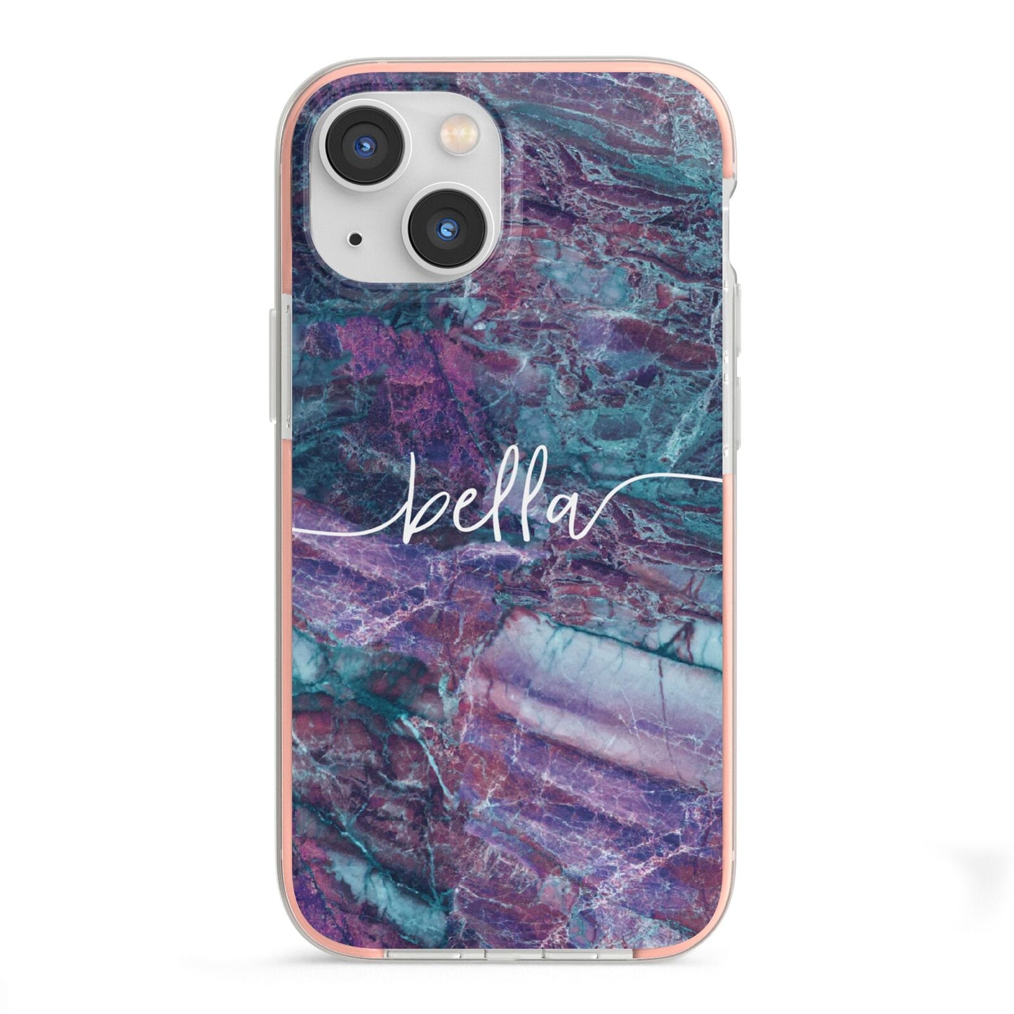 Personalised Green Purple Marble Name iPhone 13 Mini TPU Impact Case with Pink Edges