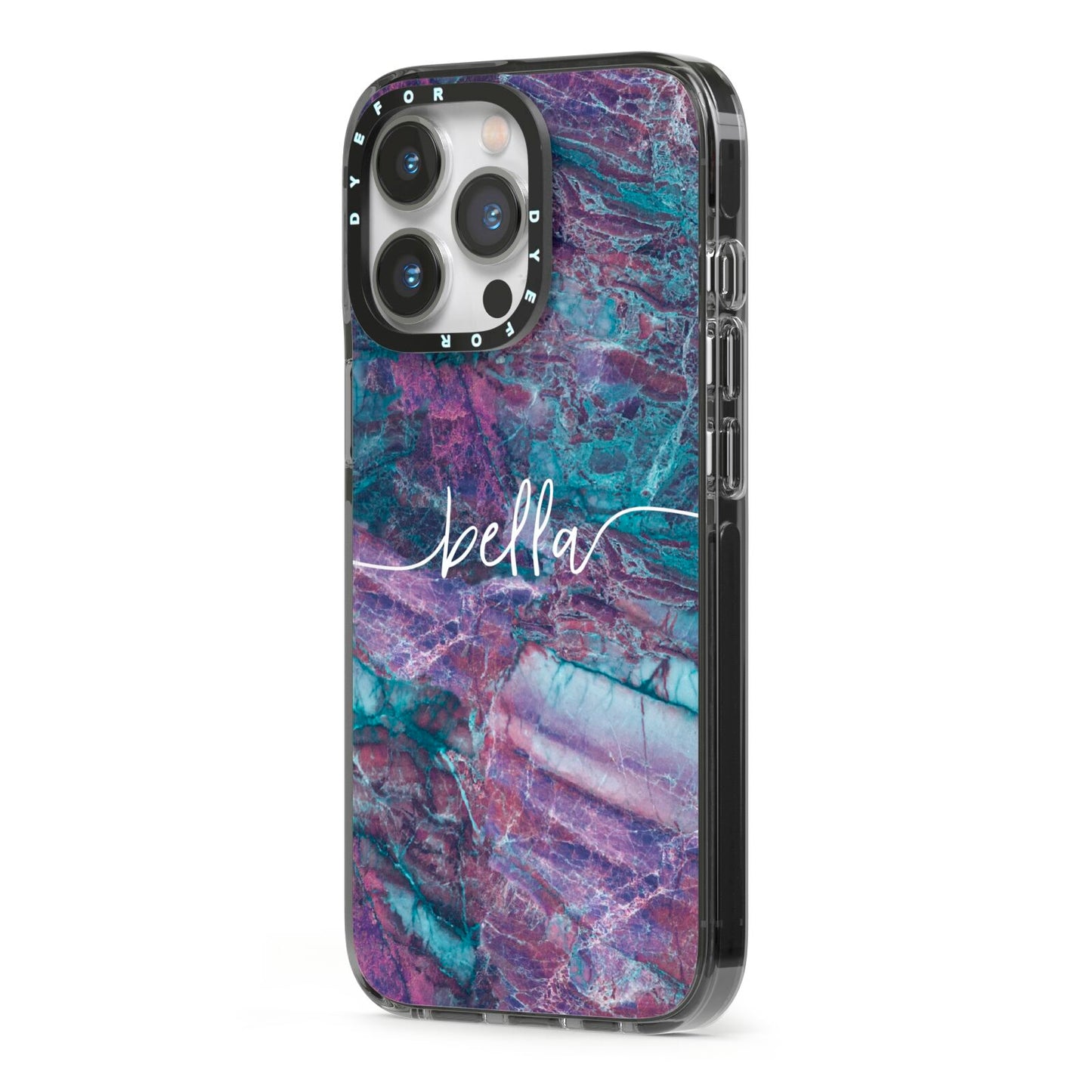 Personalised Green Purple Marble Name iPhone 13 Pro Black Impact Case Side Angle on Silver phone