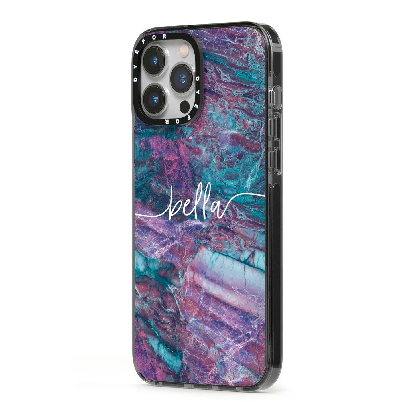 Personalised Green Purple Marble Name iPhone 13 Pro Max Black Impact Case Side Angle on Silver phone