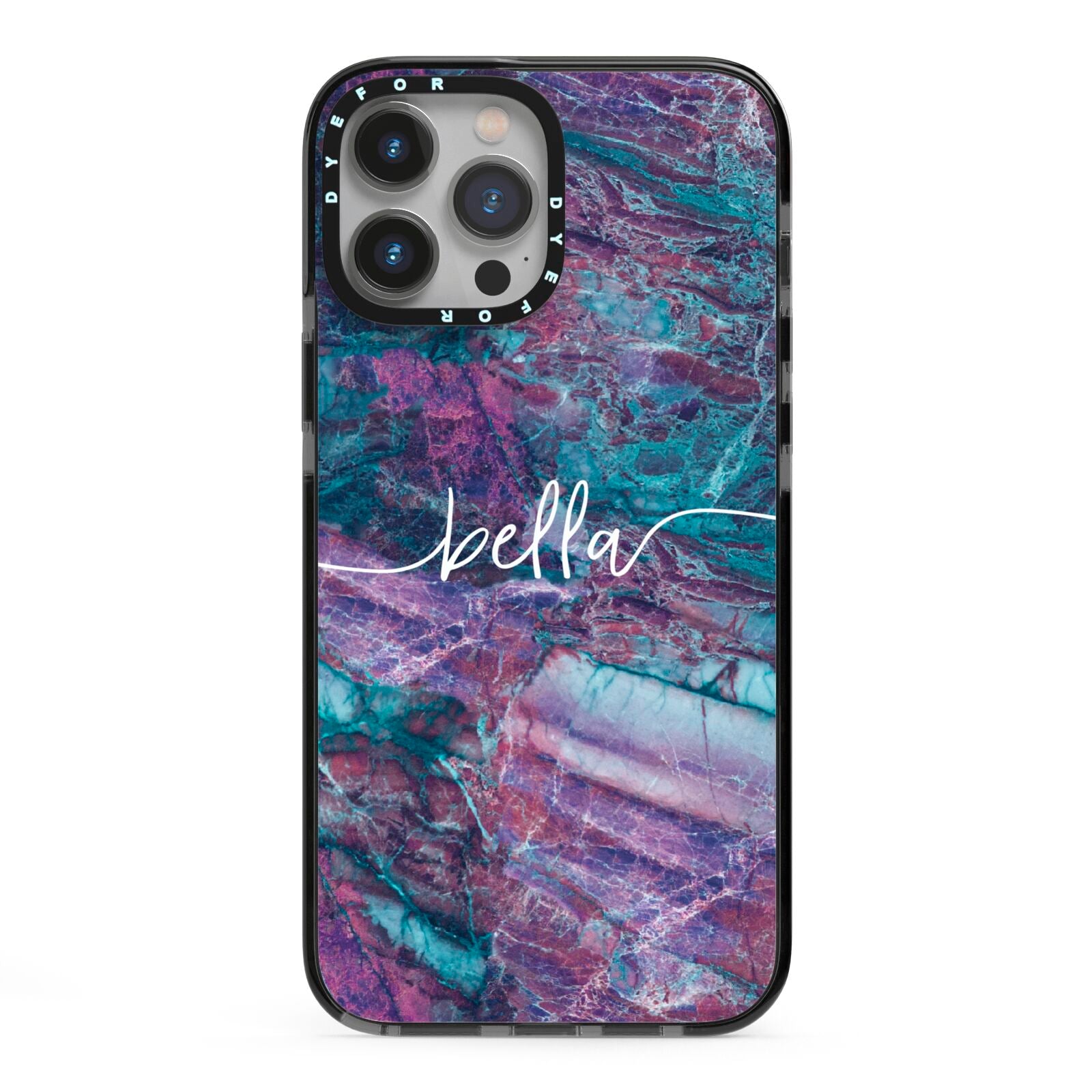 Personalised Green Purple Marble Name iPhone 13 Pro Max Black Impact Case on Silver phone