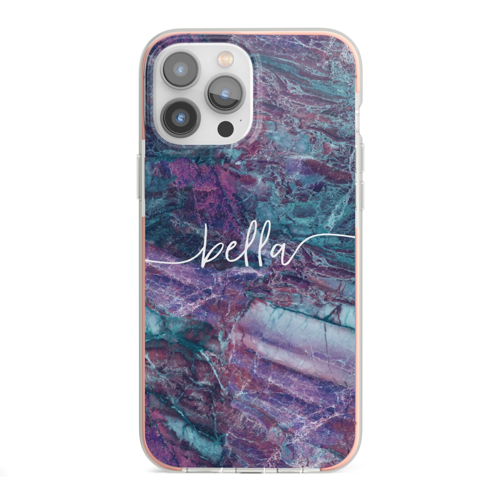 Personalised Green Purple Marble Name iPhone 13 Pro Max TPU Impact Case with Pink Edges