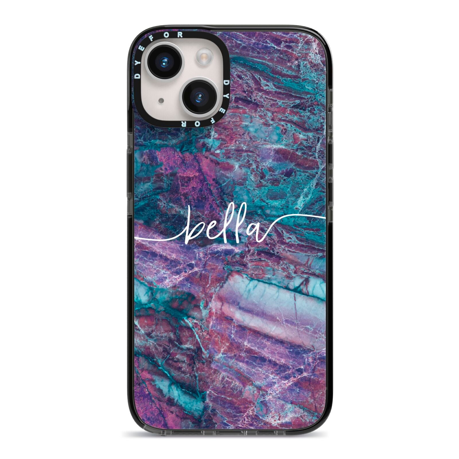 Personalised Green Purple Marble Name iPhone 14 Black Impact Case on Silver phone