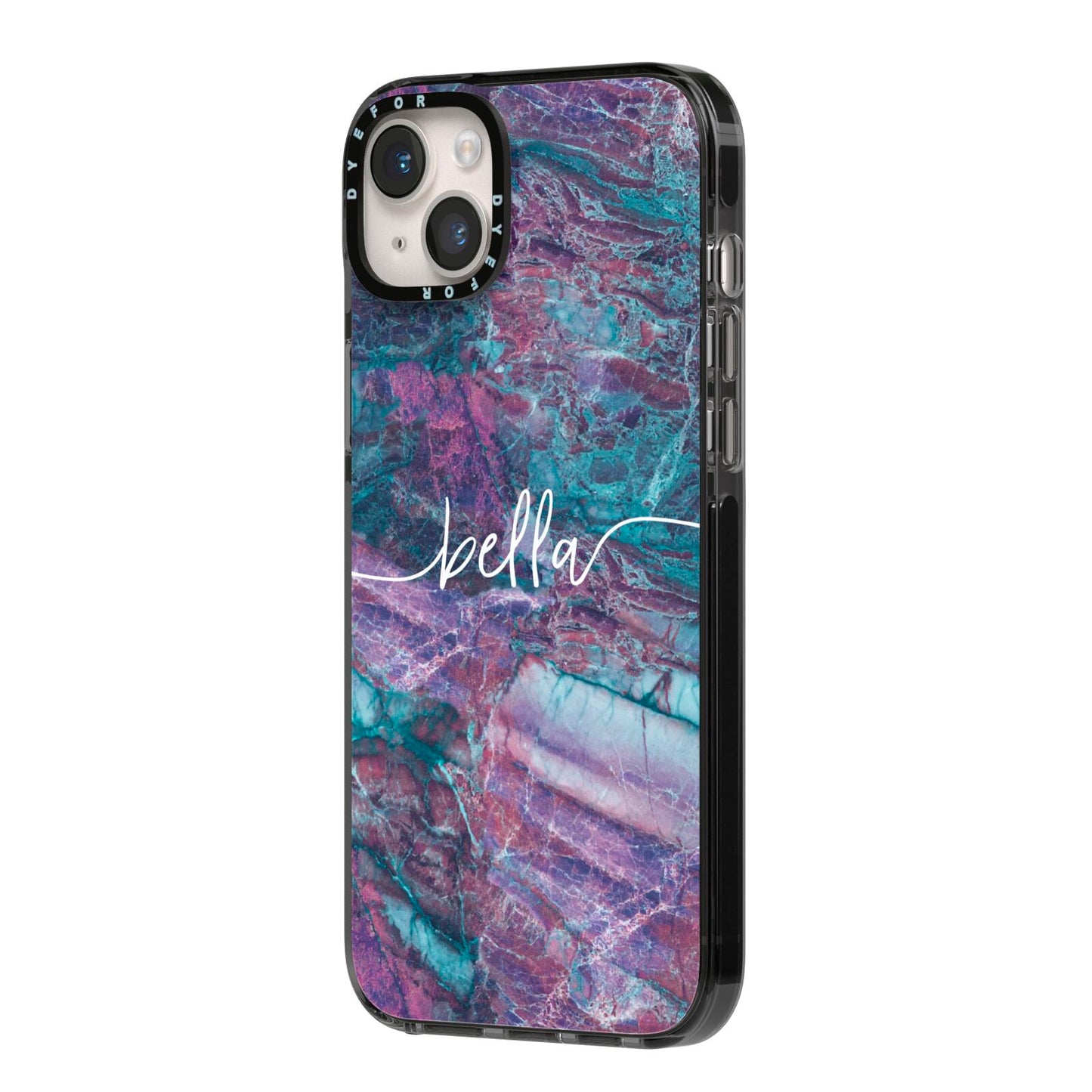 Personalised Green Purple Marble Name iPhone 14 Plus Black Impact Case Side Angle on Silver phone