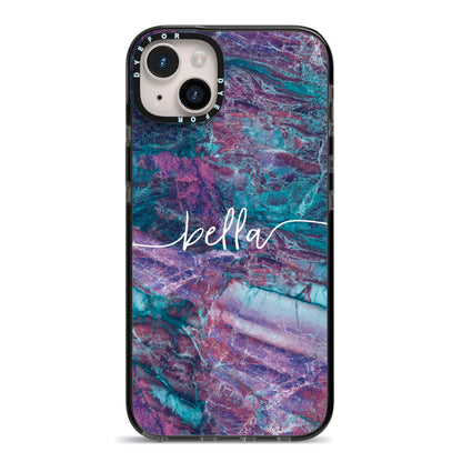 Personalised Green Purple Marble Name iPhone 14 Plus Black Impact Case on Silver phone