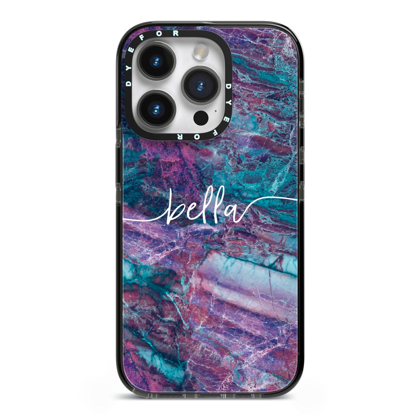 Personalised Green Purple Marble Name iPhone 14 Pro Black Impact Case on Silver phone