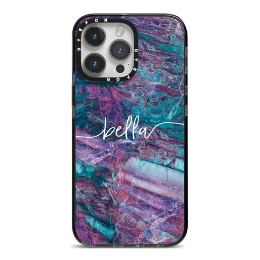 Personalised Green Purple Marble Name iPhone 14 Pro Max Black Impact Case on Silver phone
