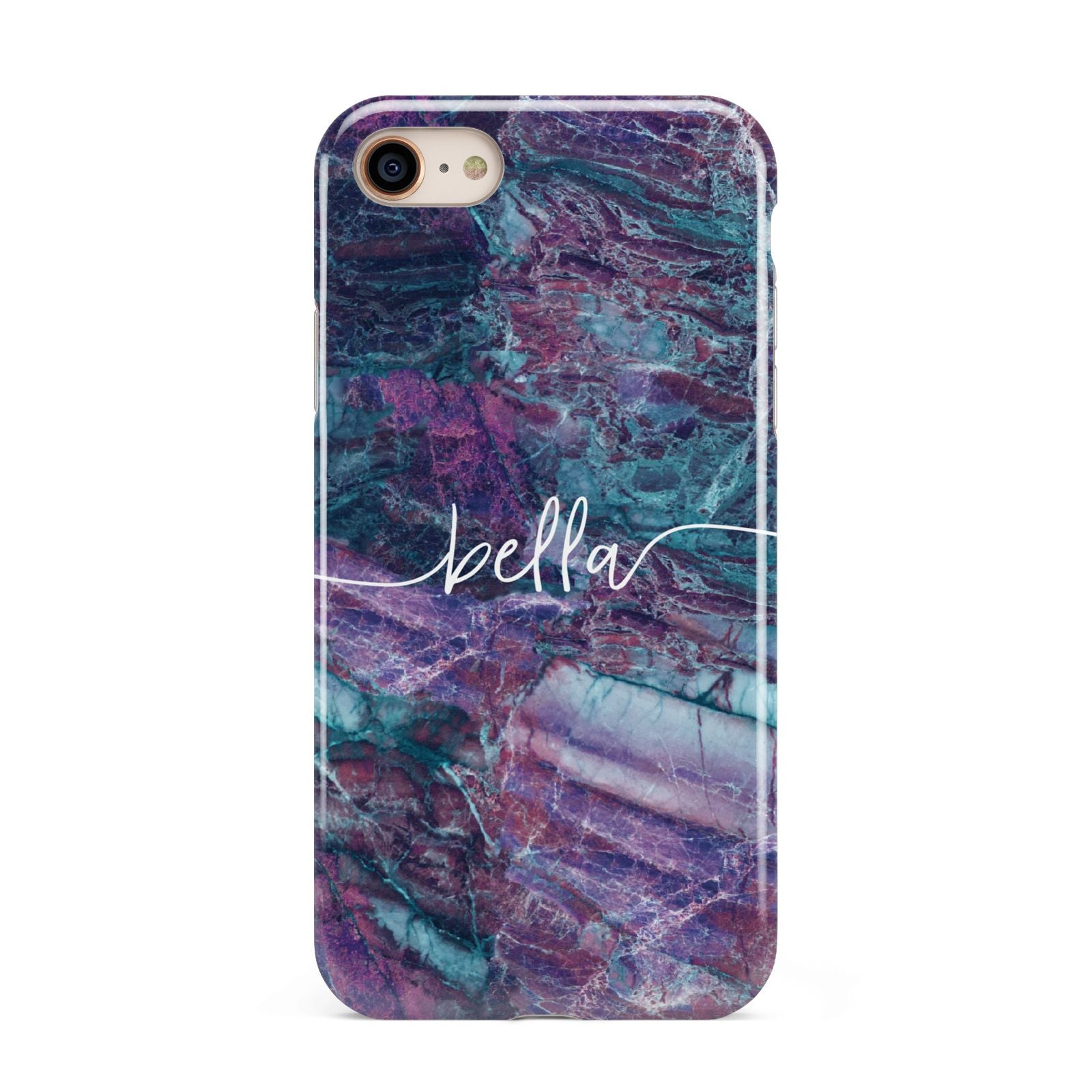 Personalised Green Purple Marble Name iPhone 8 3D Tough Case on Gold Phone