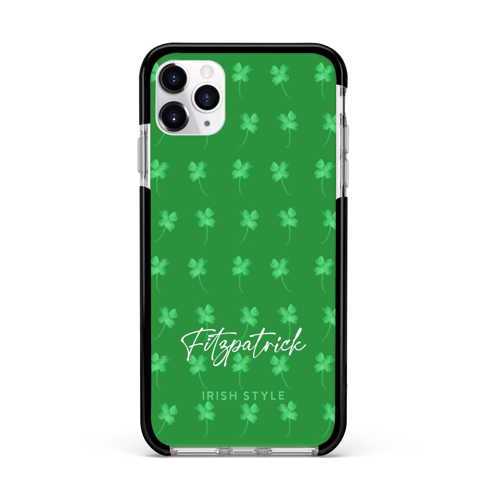 Personalised Green Shamrock Apple iPhone 11 Pro Max in Silver with Black Impact Case