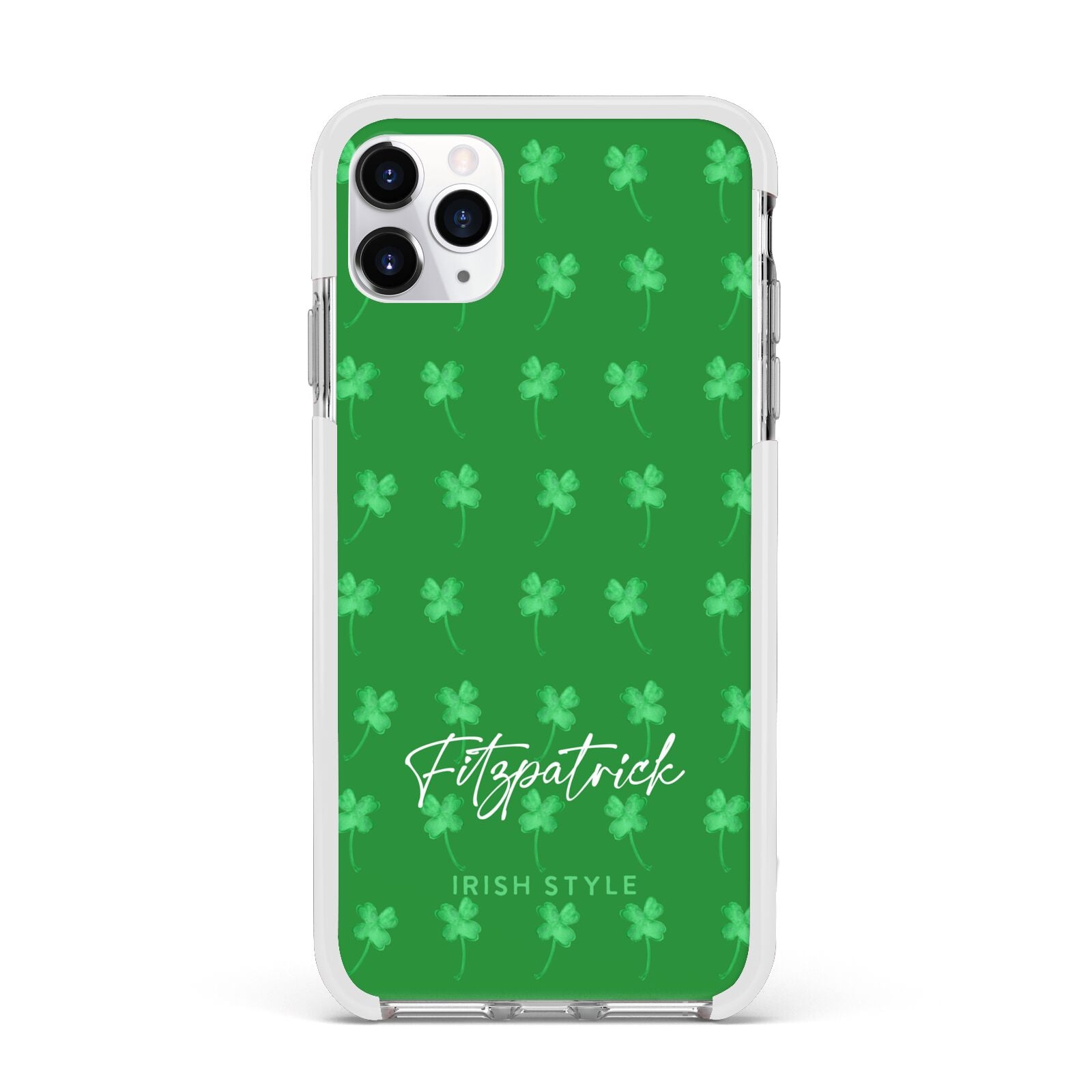 Personalised Green Shamrock Apple iPhone 11 Pro Max in Silver with White Impact Case