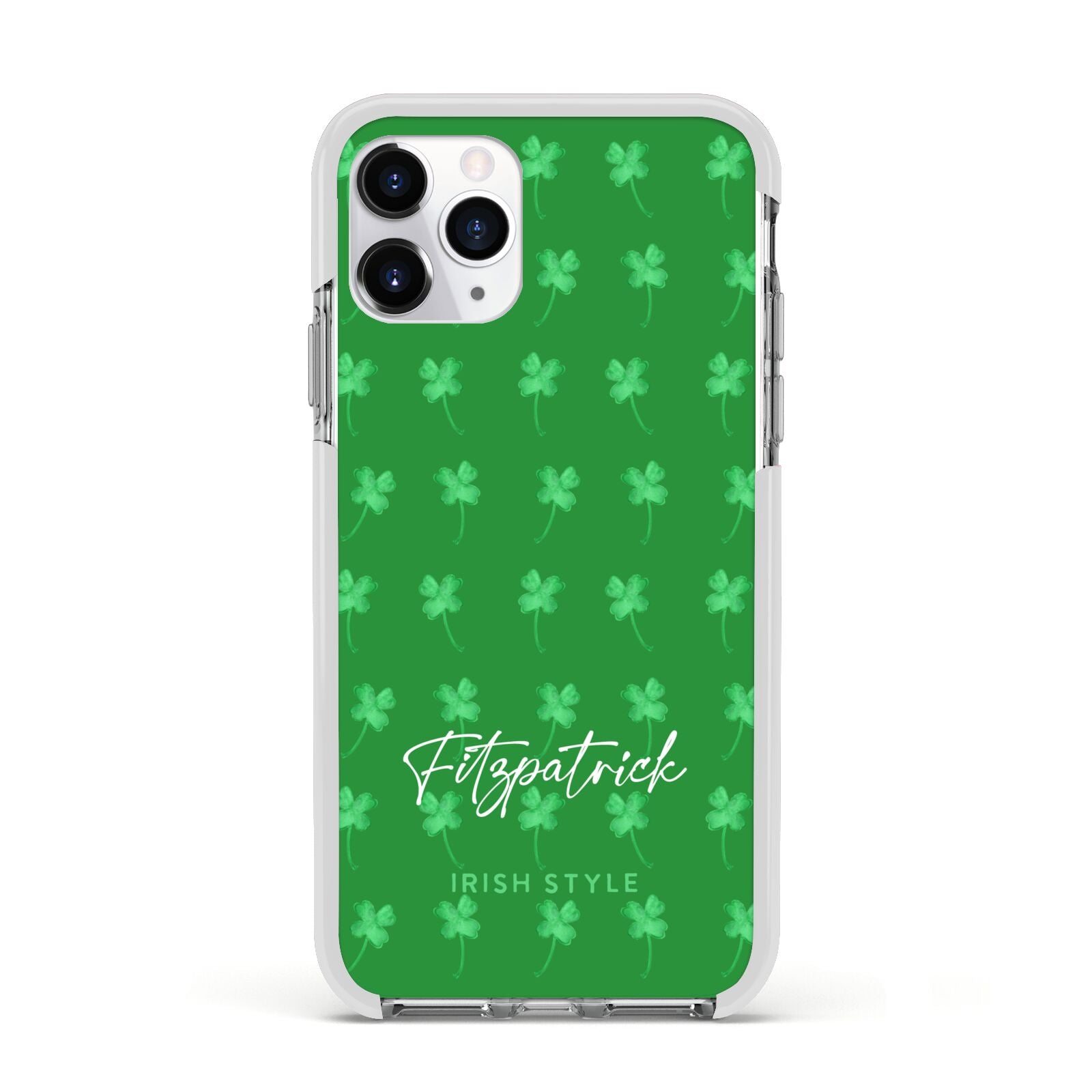 Personalised Green Shamrock Apple iPhone 11 Pro in Silver with White Impact Case