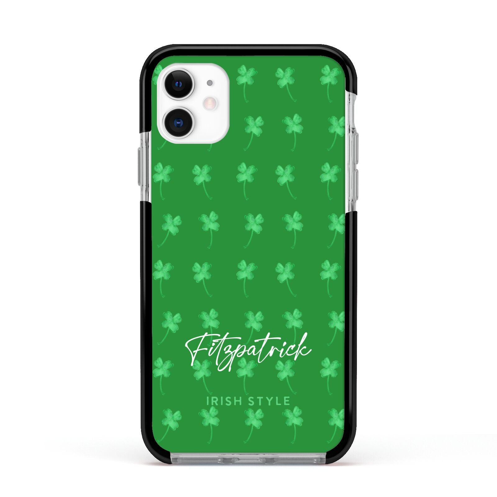 Personalised Green Shamrock Apple iPhone 11 in White with Black Impact Case