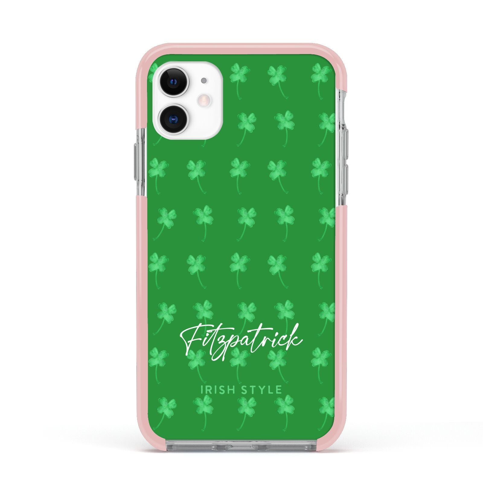 Personalised Green Shamrock Apple iPhone 11 in White with Pink Impact Case