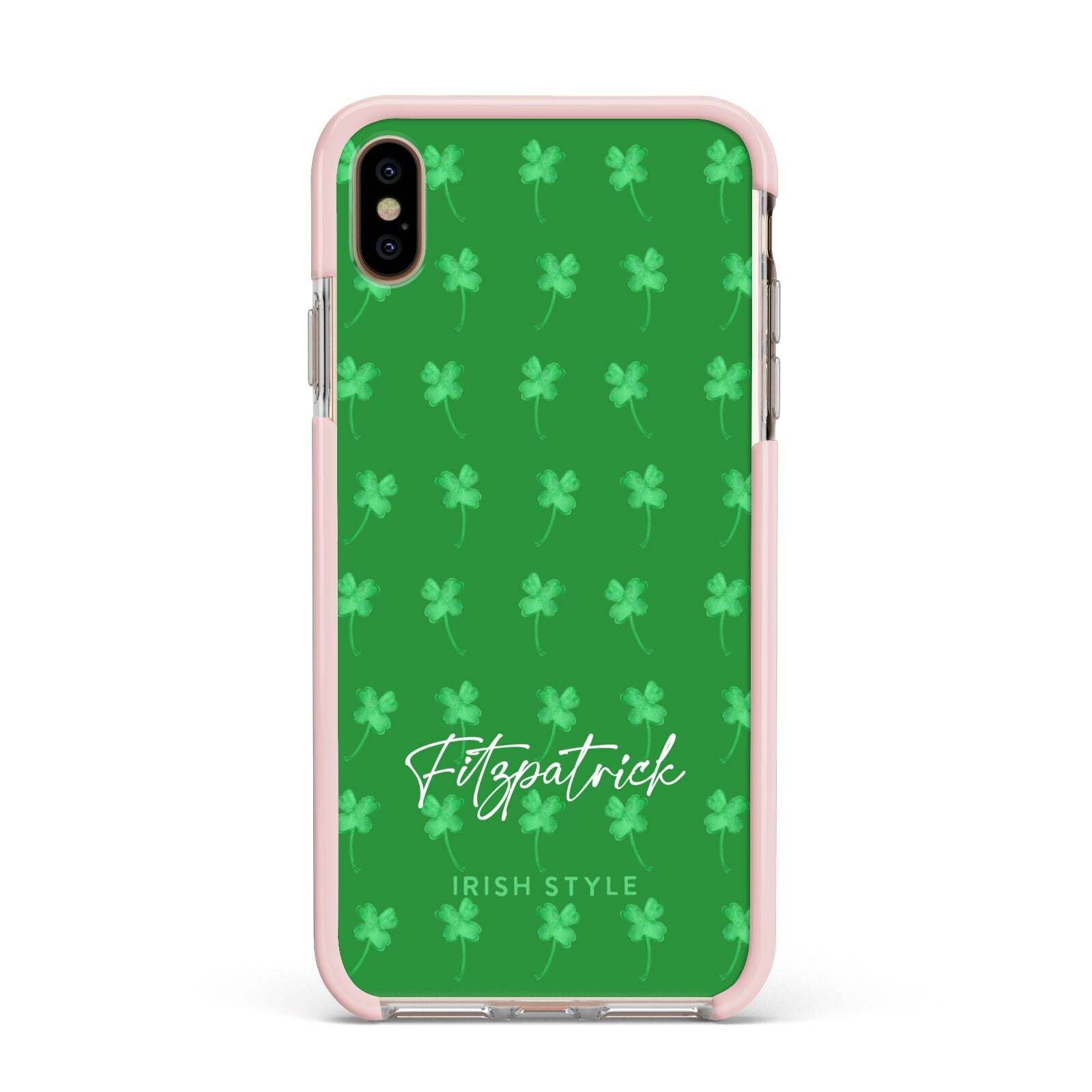 Personalised Green Shamrock Apple iPhone Xs Max Impact Case Pink Edge on Gold Phone