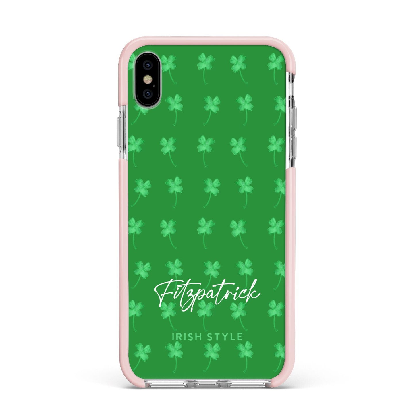 Personalised Green Shamrock Apple iPhone Xs Max Impact Case Pink Edge on Silver Phone