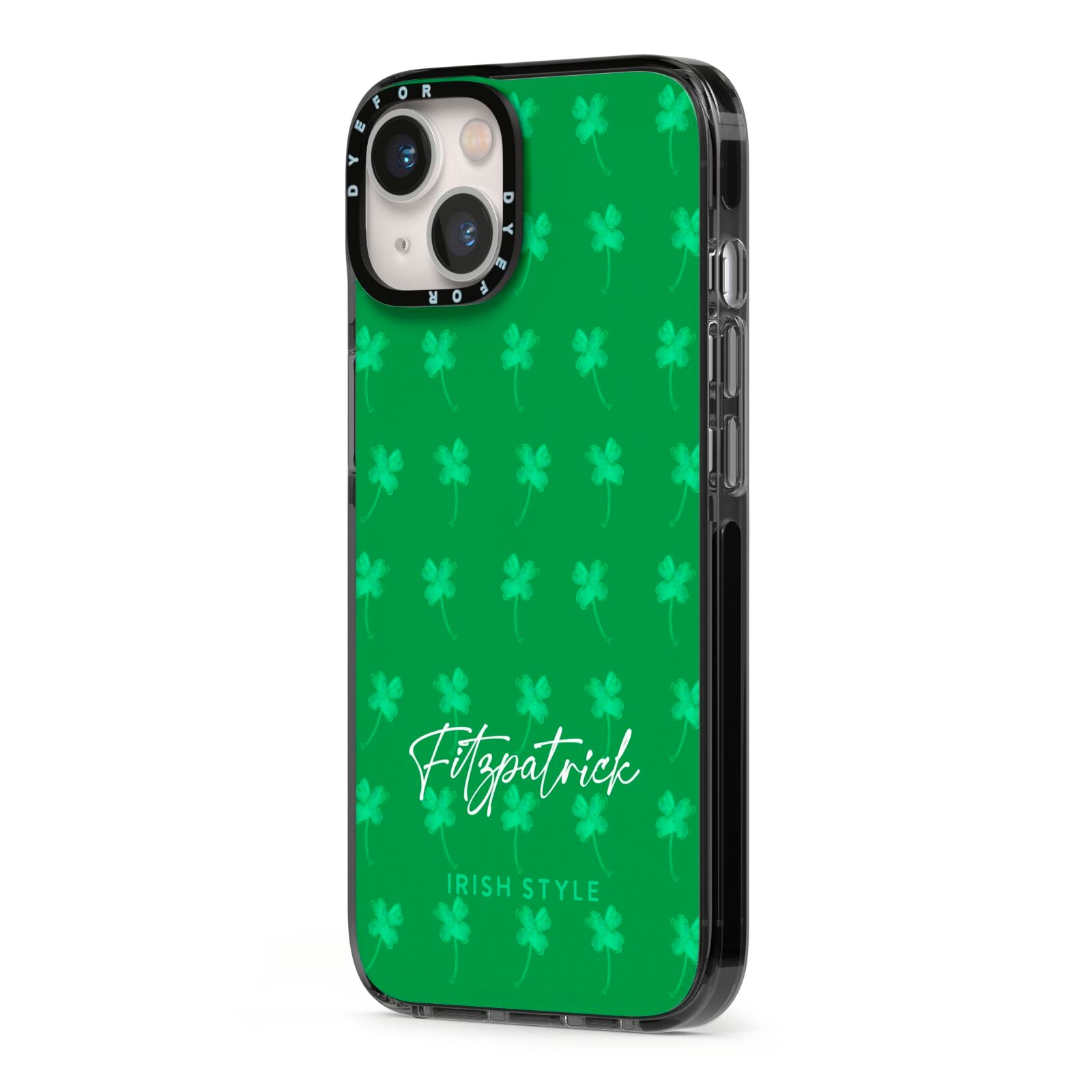 Personalised Green Shamrock iPhone 13 Black Impact Case Side Angle on Silver phone
