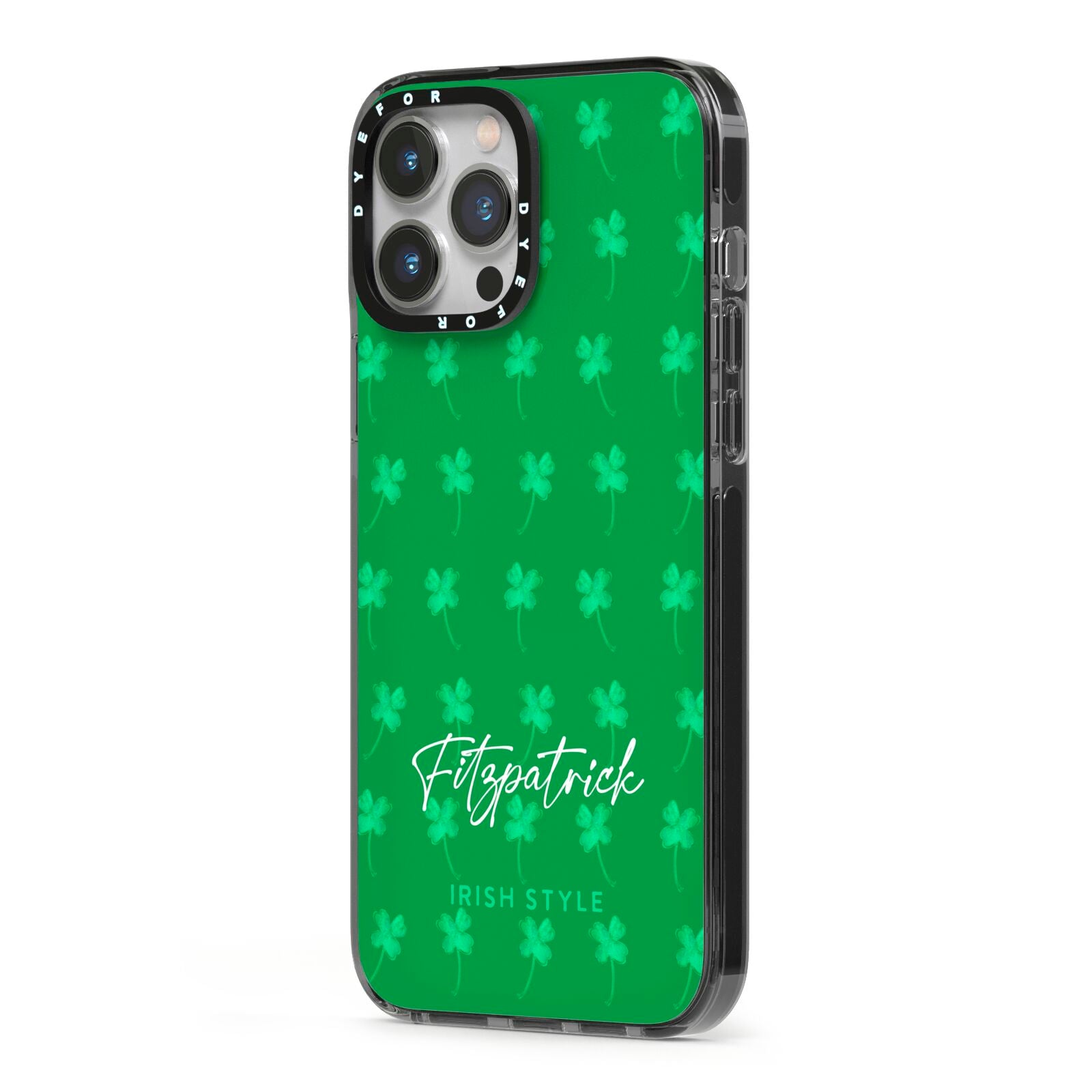 Personalised Green Shamrock iPhone 13 Pro Max Black Impact Case Side Angle on Silver phone