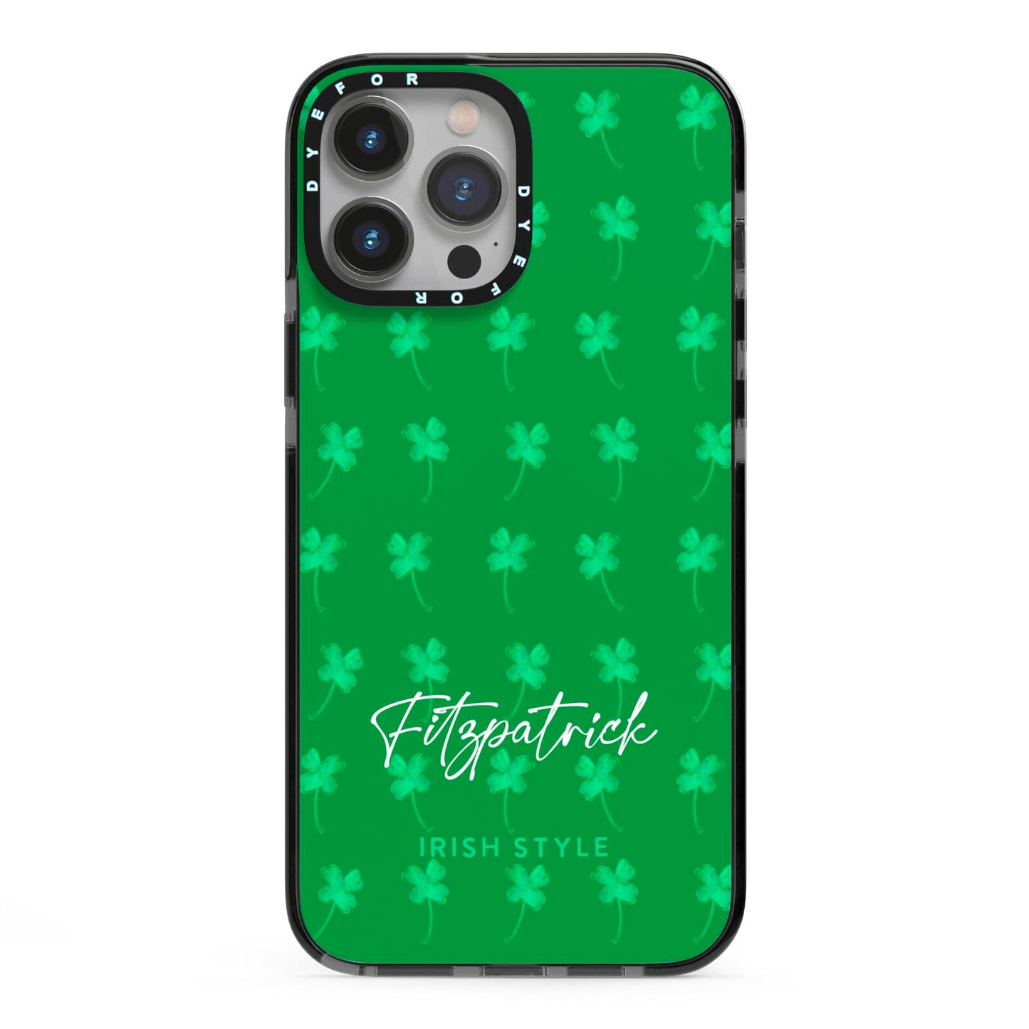 Personalised Green Shamrock iPhone 13 Pro Max Black Impact Case on Silver phone