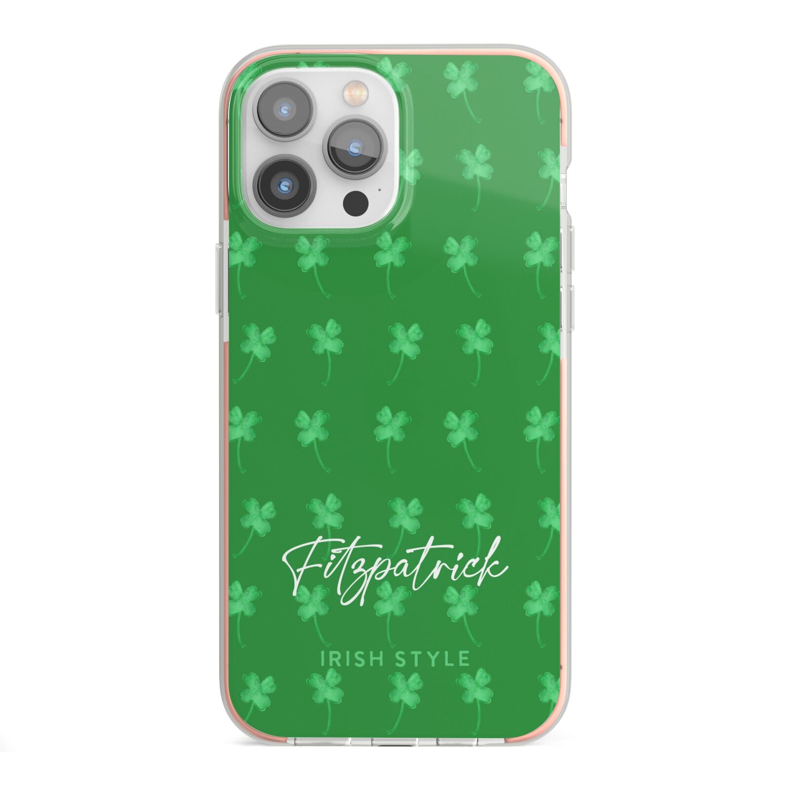 Personalised Green Shamrock iPhone 13 Pro Max TPU Impact Case with Pink Edges