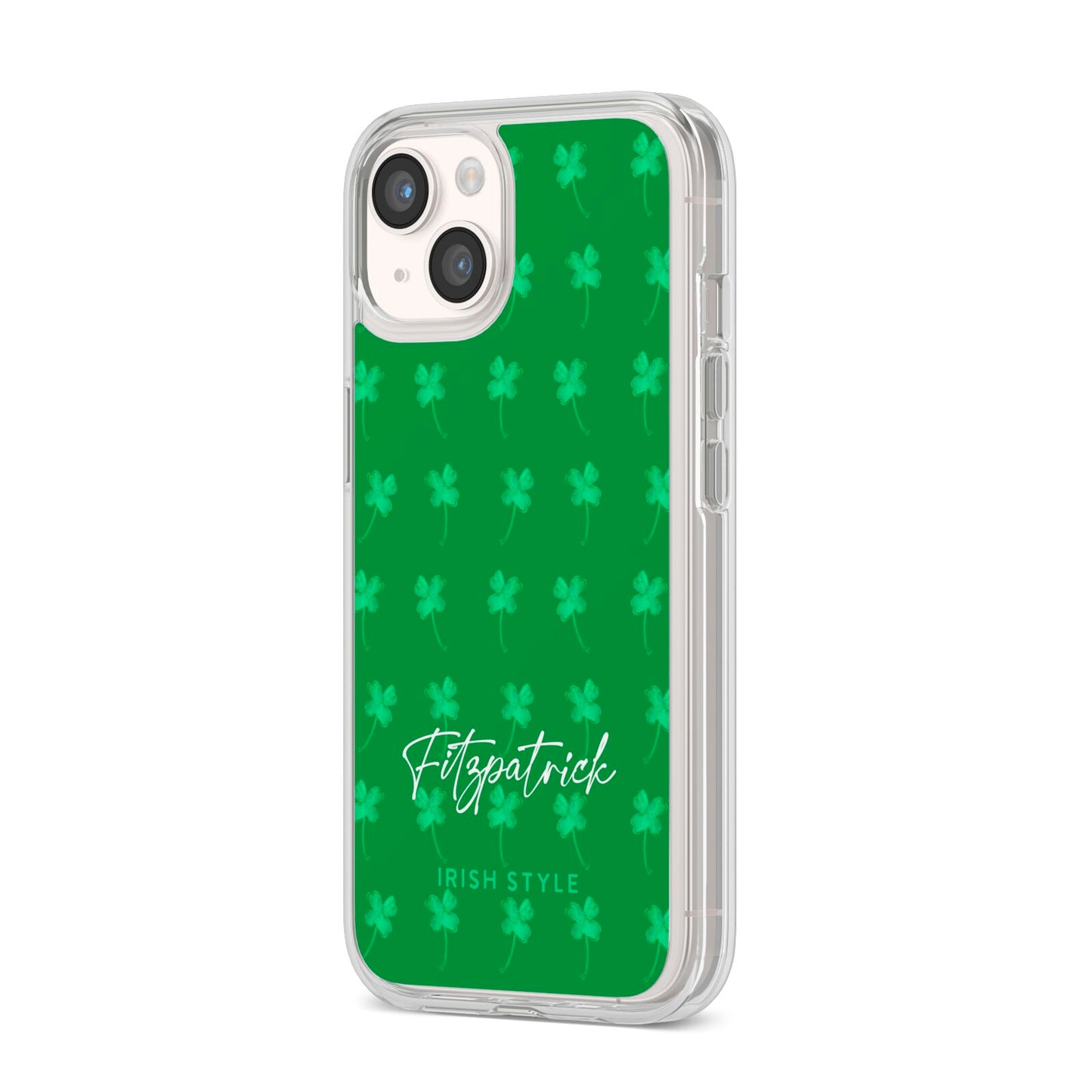 Personalised Green Shamrock iPhone 14 Clear Tough Case Starlight Angled Image